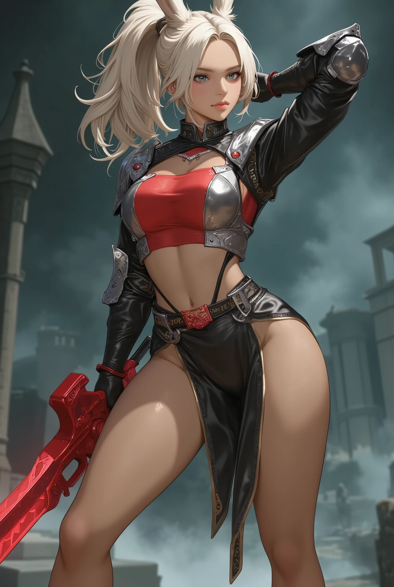 Final Fantasy style , Masterpiece by Kazunari Takahashi, depictions of faces expressed in great detail, Fine grain 、 detailed face、 detailed hair 、Solo Female Viera , beautiful , 32K, Masterpiece, top quality, are ridiculous , great quality, official style ,anime, break ( Foggy _(\)),difficult,side_ ponytail,belly button, suspenders , denim_shorts,midriff, naked_shoulder,short_shorts, big breast with a futuristic gun, overhanging chest, thin waist, break ,(smile:1.2),(), smirking ,Low Leg, ,( full of eyes:1.3),From the face,from below, dynamic angle, raise your arms , stretching ,, break indoor,Home, living room ,