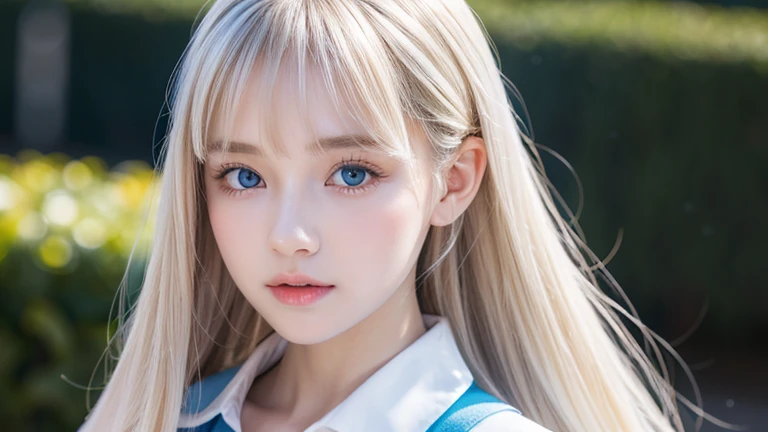 RAW Photos、((((Extremely beautiful portrait)))、(((Bright and fair skin))、1 girl、、Sailor suit、A 15-year-old pretty, bright, natural platinum blonde beauty.、((Gorgeous, natural, bright white platinum blonde))、Super long straight hair、Beautiful Bangs、[Attractive large bright blue eyes]、Smooth, thin and super long hair、Eyeliner、Hair between the eyes、smile、((masterpiece、最high quality、Ultra Detail、Film Light、Intricate details、High resolution、8k、Very detailed))、Detailed Background、8k UHD、Digital SLR、Soft Light、high quality、Film Grain、Fujifilm XT3、Shallow depth of field、Natural light、(Perfect hands)、Perfect beautiful face、Small Face Beauty、round face、Cheek gloss highlighter