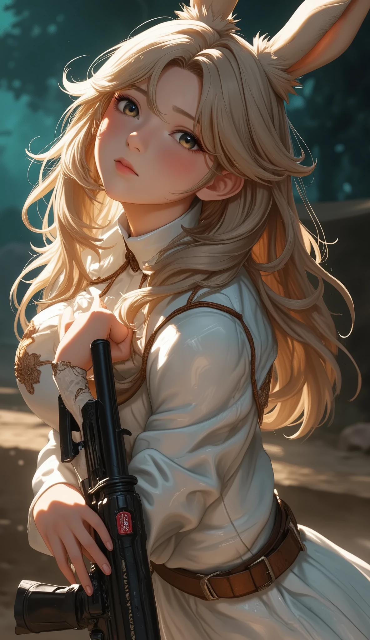 Close up of an animated Viera girl, Rosedraw Pastel Vivid, Rossdraws comics、Vivid, anime style 4k with AK5 rifle, beautiful anime style portrait , art germ colorful !!!, ! Dream Art Germ, Beautiful animated Viera girls, Anime-Style Digital Art , Anime Art Wallpaper 4K, anime art wallpaper 4k , digital anime art , extremely fine art germ, upper body close up