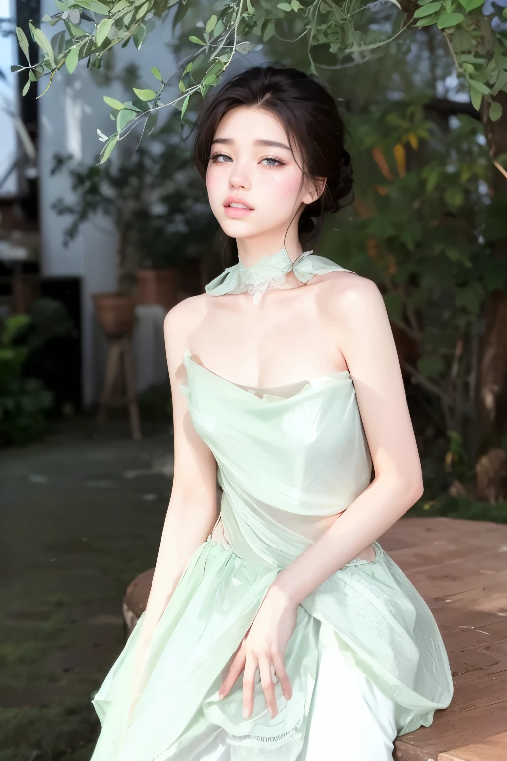top-quality、​masterpiece、超A high resolution、(Photorealsitic:1.5)、Raw foto、1girl in、murky、deep-shadows、Unobtrusive、cold light、sexy appearance、shorth hair、((very_short_hair))、((Luxury evening dresses))、((Luxurious painting))、((Luxurious necklace))、((Floral hair ornament))、((hair ornament))