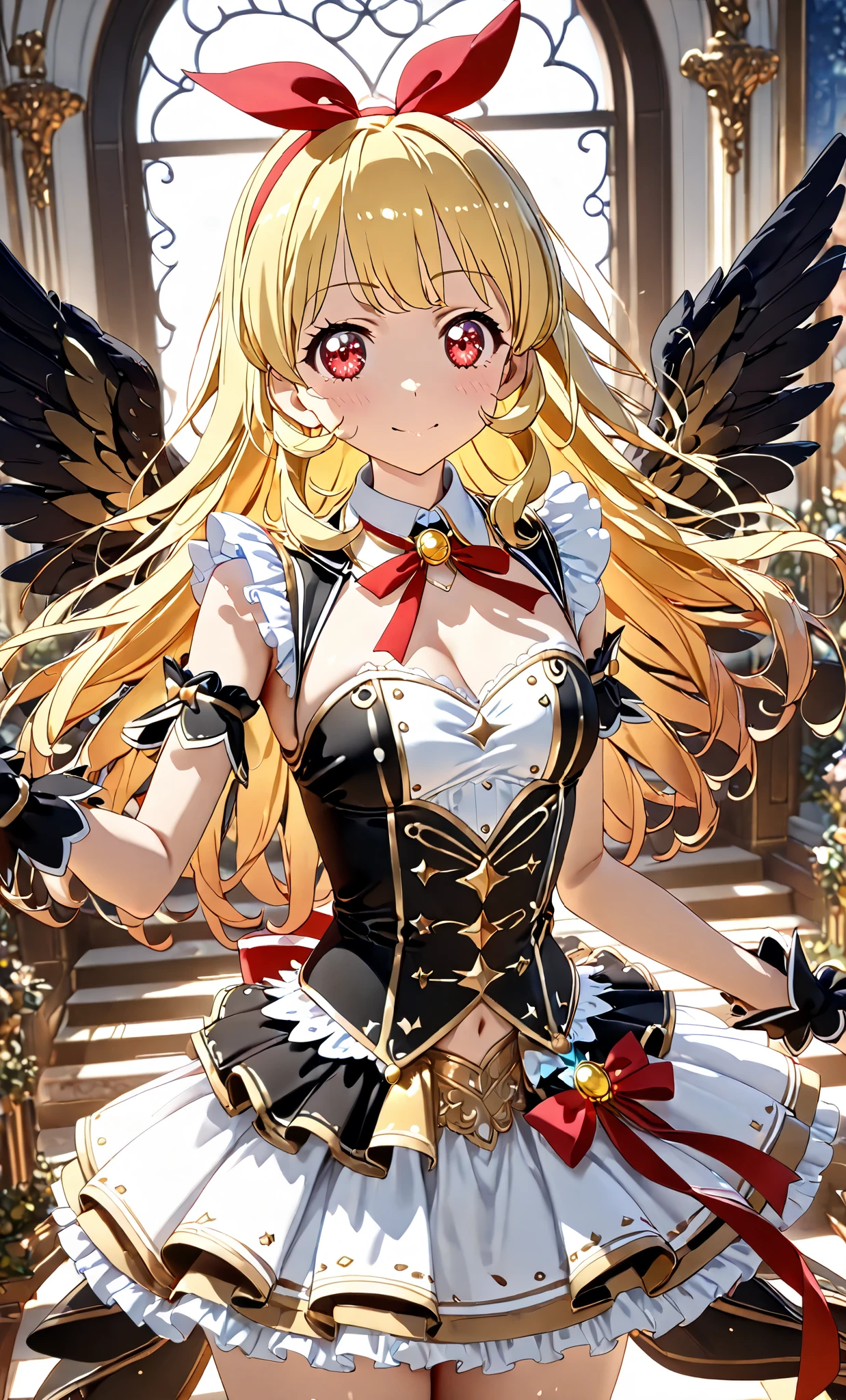 COWBOY Shot: 1.4, (Masterpiece, Top Quality, Highly Detailed, Super Detailed, High Resolution, Absurd, 4K, 8K: 1.2), (Official Art, Incredibly Detailed Illustrations, Highly Detailed CG, Details background, cinematic lighting, dynamic angles, perfect hands, detailed shiny skin, detailed hair, detailed eyes) (very nice detailed cute face, beautiful face) (very detailed) ( 3D depiction) BREAK,, Aikatsu, Ichigo Hoshimiya, 1girl,, Solo,,, blonde, GOLD and Black idol costume, Black ANGEL wing, red eyes, looking at camera, Ichigo Hoshimiya (Aikatsu!), (Red ribbon on hair band: 1.2)