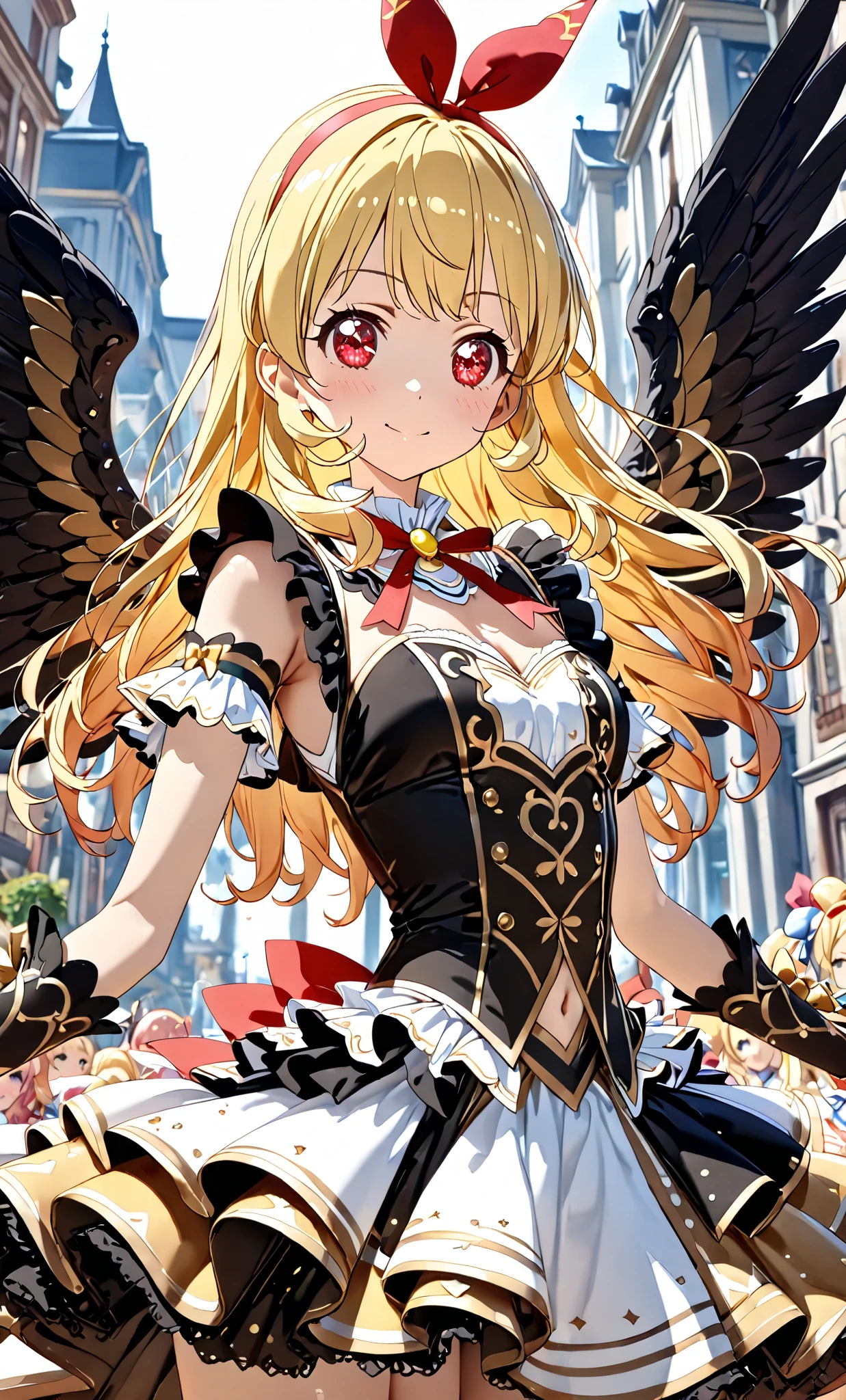 COWBOY Shot: 1.4, (Masterpiece, Top Quality, Highly Detailed, Super Detailed, High Resolution, Absurd, 4K, 8K: 1.2), (Official Art, Incredibly Detailed Illustrations, Highly Detailed CG, Details background, cinematic lighting, dynamic angles, perfect hands, detailed shiny skin, detailed hair, detailed eyes) (very nice detailed cute face, beautiful face) (very detailed) ( 3D depiction) BREAK,, Aikatsu, Ichigo Hoshimiya, 1girl,, Solo,,, blonde, GOLD and Black idol costume, Black ANGEL wing, red eyes, looking at camera, Ichigo Hoshimiya (Aikatsu!), (Red ribbon on hair band: 1.2)