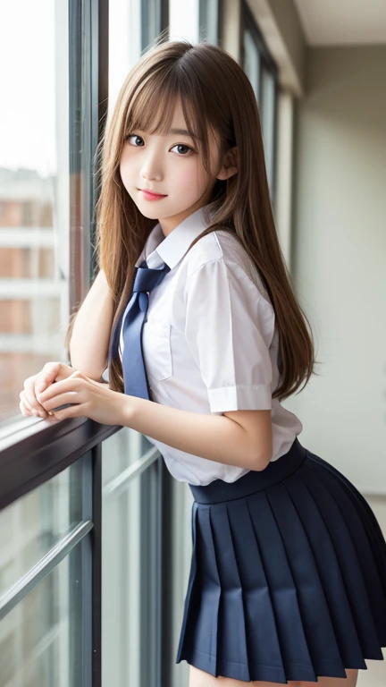 8K, Highest quality, The real picture, Intricate details, Very detailed, Ultra-high resolution, Depth Field,(Realistic,Realistic:1.2),Tabletop , (Full Body Shot) , From the middle 1 girl, eye_Chan, Very beautiful 17 year old girl, innocent big eyes,、Beautiful breasts:1.5、非常に詳細なeye:1.2)、(Beautiful breasts:1.1)、((Brown Hair))、(Semi-long hair), Asymmetrical bangs, Perfect Skin, Fair skin, Small breasts, Tight waist, alone, Staring at the audience, (smile)、((School_uniform), (White shirt、Wear a tie), (Blue checkered pleated micro mini skirt), ((Fold your arms in front of your chest and act arrogantly)), ((楽しそうなsmile)), ((Perfect hand shape))