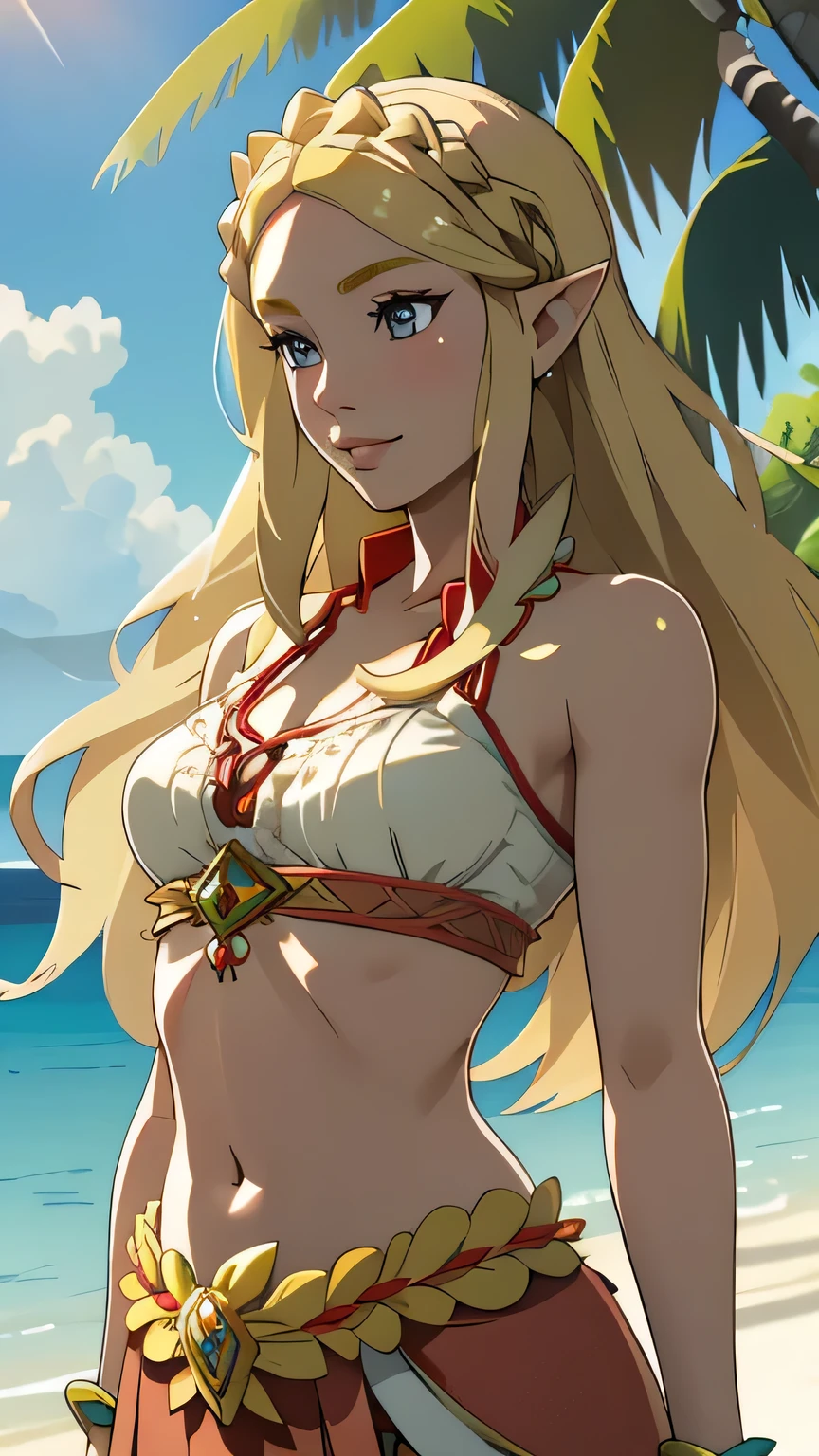 SoniaTotk, 1girl, solo, (realistic:0.5), masterpiece, solo, (best quality, perfect detailed, beautifully detailed face, detailed eyes), glistening shiny, ray tracing, DOF, HDR, gradient eyes, sharp eyelashes, ((eyelashes)), mascara, detail_face, eyelashes, shiny hair, flirting, seductive smile, parted lips, medium breasts, cleavage, bare shoulder, (soft particles floating:1.1), ((looking at viewer)), (playmate pose:1.1), (full body:1.1), ((8k wallpaper)), ((highres)), jewelry, blonde hair, pointy ears, long hair, tattoo, green eyes, earrings, necklace, (dark skin:1.4), dark-skinned female, smile, looking at viewer, dress, hair ornament, circlet, upper body, (beach:1.5), (bikini:1.5), (only bikini:1.4), (classic bikini:1.3)