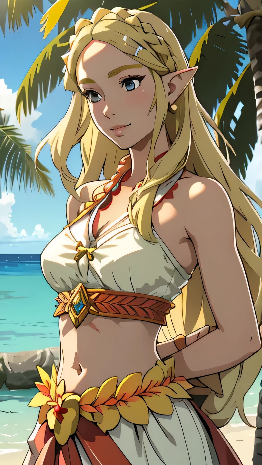 blonde hair, long hair, green eyes, with leg opened and an enticing beach pose, wearing a elegant red gown that shows off her navel, resembling an Arabian belly dancer. She has a short trimmed skirt and her flowing blonde hair is styled in a side ponytail. Her captivating blue eyes exude happiness, while her outfit highlights her alluring cleavage, happy