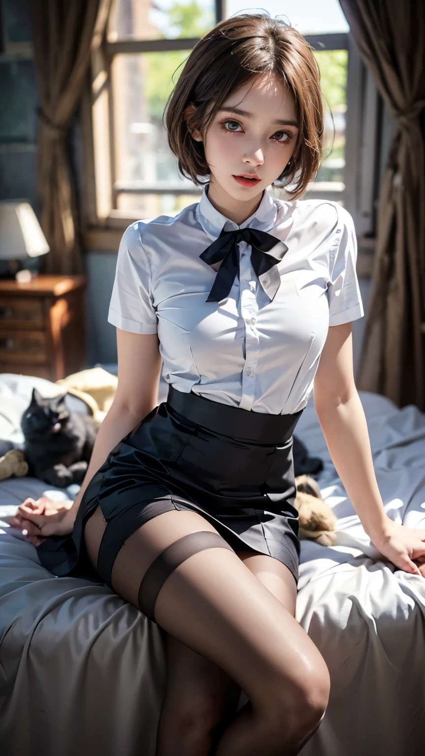 (highest quality、masterpiece、official art、High resolution:1.2)、Highly detailed CG uniform 8k wallpaper、vivid picture、super detailed、(The only girl:1.2)、woman, (high detail skin:1.2)、secretary、formal, , in a black suit,　black jacket, (A white shirt with a wide open chest), black pencil skirt, skirt and thighs、Lift up your skirt and show your thighs、（Ultra-realistic black stockings:1.3), (square glsses:1.4),