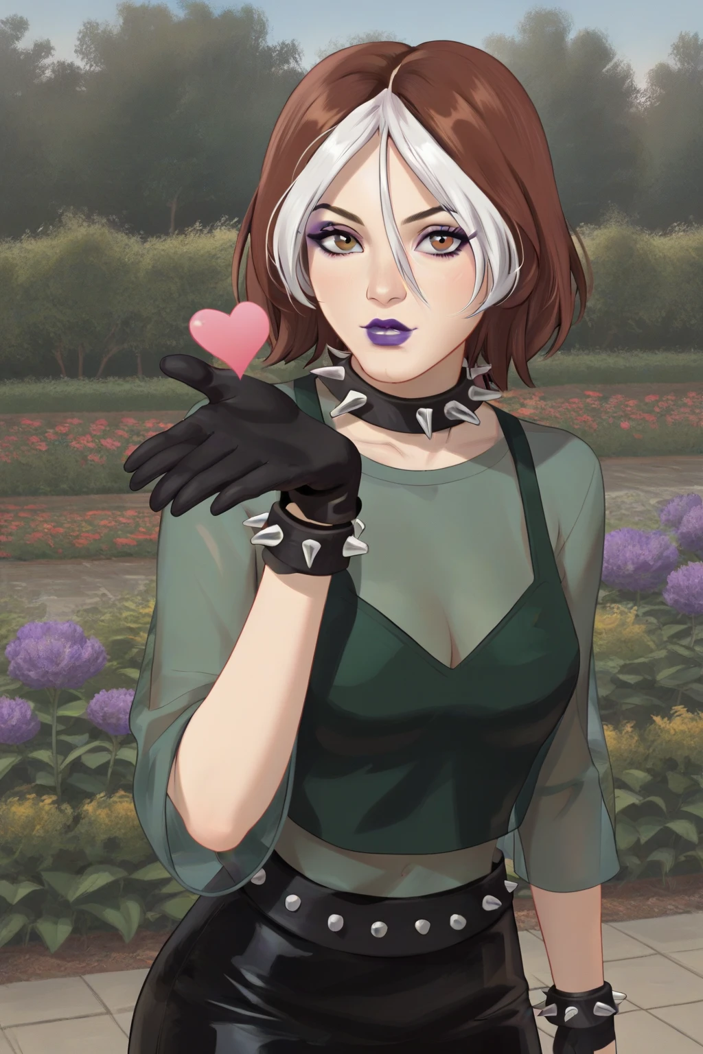 source _ cartoon , score_9, score_8_up, score_7_up, score_6_up, score_5_up, score_4_up, BREAK, perfec eyes, perfect face, 1girl, 1 girl, rogue, wonder, multicolored hair, brown hair , brown eyes , white hair , black leather gloves, purple lipstick , purple eye shadow, green eyes, transparent shirt, skirt, spiked necklace, spiked bracelets , dynamic pose, dynamic shot, garden, garden setting, close up, face close up, blowing a kiss, looking at the viewer