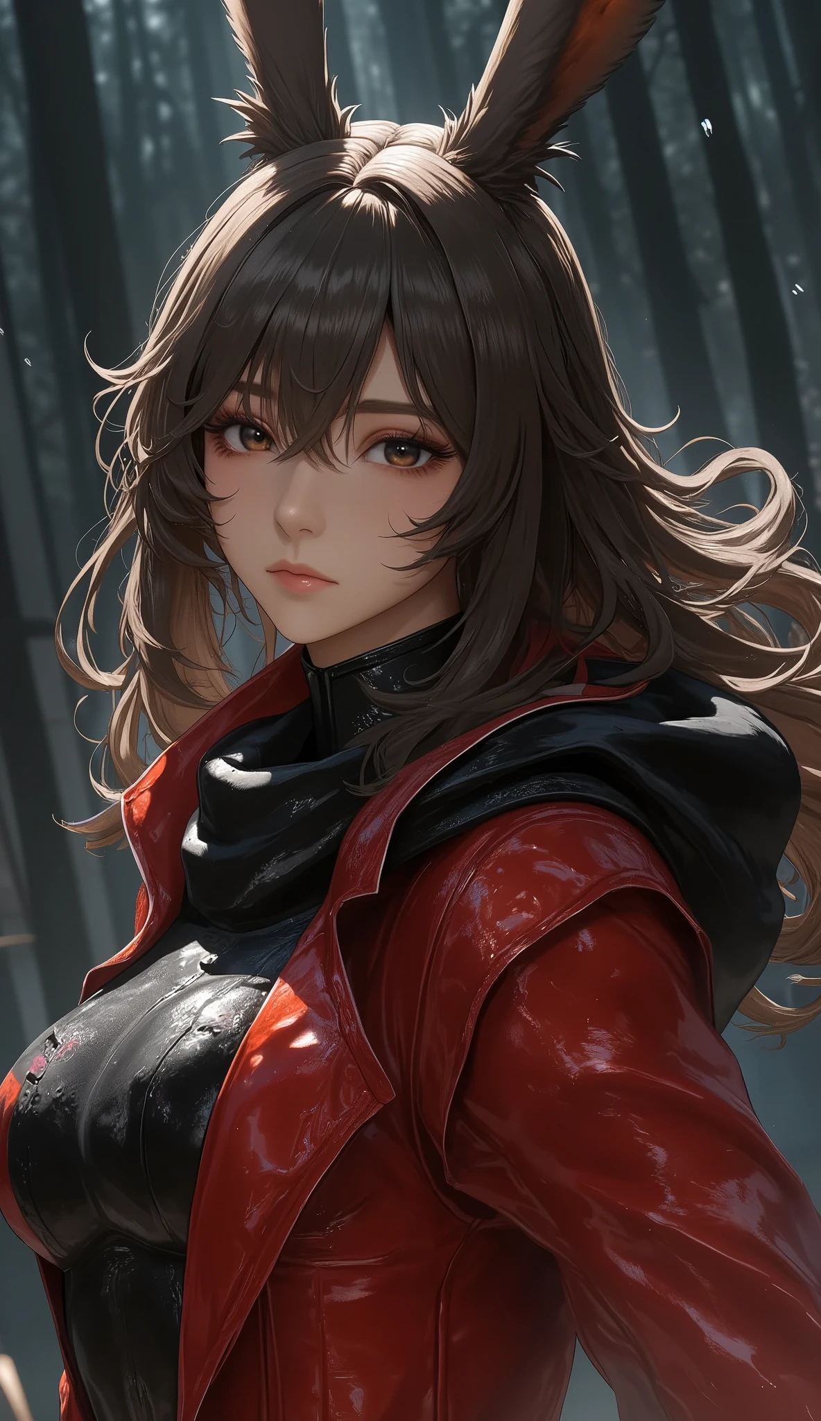 ( Masterpiece:1.2, top quality), Alone Viera 女性, night, Alone, photo is present, science fiction film, science fiction, science fiction, war, upper body, uplifted breasts, focus on faces, is present, pastel painting, Powerful, Intelligent , sensual, Fine grain ( Black Hoodie Overwhelming Expression , brown eyes) detail , long dark hair, best CG , (wearing German red 2 world war general uniform), military, Local Power, The greatness of the army,