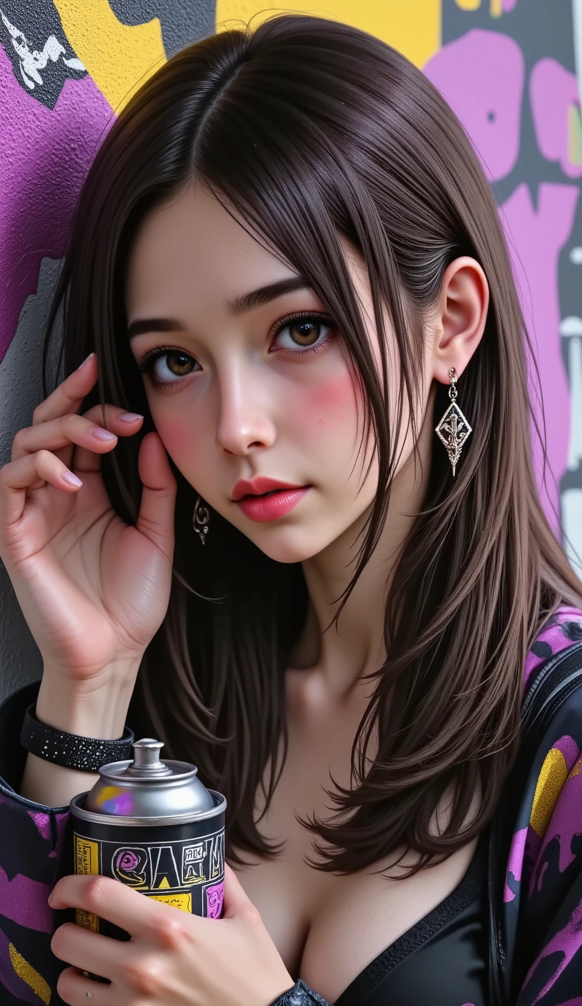 (( general plane, full body: 1.6)), :1.4, coffee shop:1.2, purple:1.2, yellow :1.4, magenta:1.6, ( Rapper with terrifying hair , detailed eyes and body and beautiful clothes , loose and loose :1.6), tatuajes, (walls with graffiti: 1.2), flower, leaves, born in the mist, leaning against the wall with a can of paint in her hand, action pose, 32k., chiaroscuro, cinematic lighting, Fujicolor, UHD, Retina, masterpiece, Accurate, anatomically correct, textured skin, Super detail, high details, high quality, award winning , best quality, highres, 1080P, HD, 16K