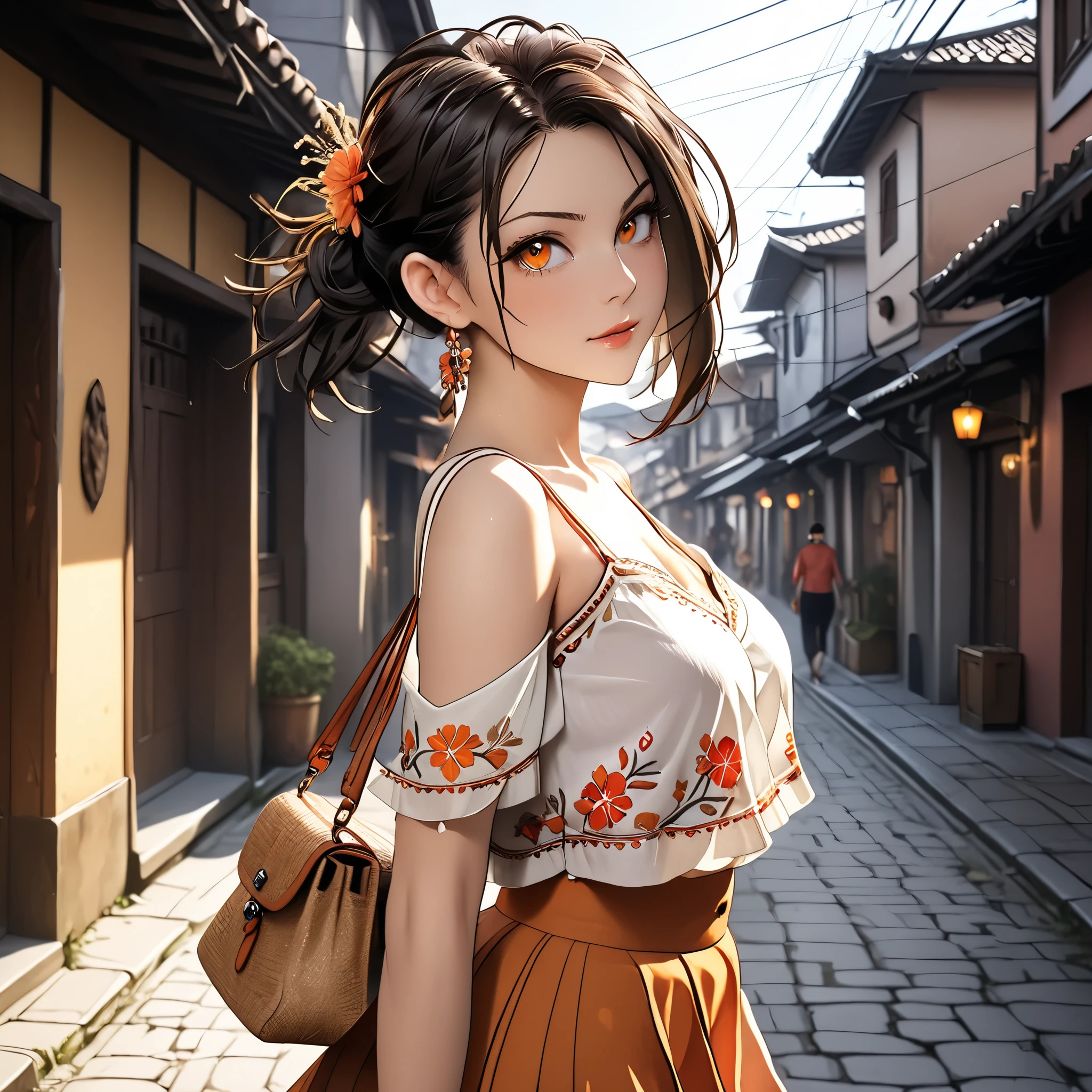 (beautiful girl:1.3),1girl,masterpiece,Highest quality,Ultra-high resolution,rich contrast,super high quality,8k,Highly detailed CG unit wallpaper,texture,Incredibly absurd,Ultra-high resolution,Highest quality anime,professional photograph,an extremely delicate and beautiful,RAW Photos,Depth of Field 1.2,ultra-detailed eyes,Glitter Effect,Beautiful glossy lips, 25years old, gorgeous legs, noise perfect, gorgeous ass, dynamic pose, sensual woman, seductive woman, mature woman, Milf, maternal, shy look, full body, (type of photo: medium shot, portraying the person from head to waist), 1girl, kugisaki nobara, Nobara Kugisaki – Jujutsu Kaisen, Boho Set (Adventure and Freedom): Top: Sleeveless linen blouse in terracotta tone with floral embroidery in white thread, with a "V" shaped neckline and thin straps. Bottom: Long skirt with a wrap-around cut, with a multicolor ethnic print in warm tones (red, orange and yellow). The skirt has a lace fringe at the bottom edge. Shoes: Brown leather sandals with thin straps and beaded details. Accessories: Wooden bracelets, silver rings and a straw bag with leather details.