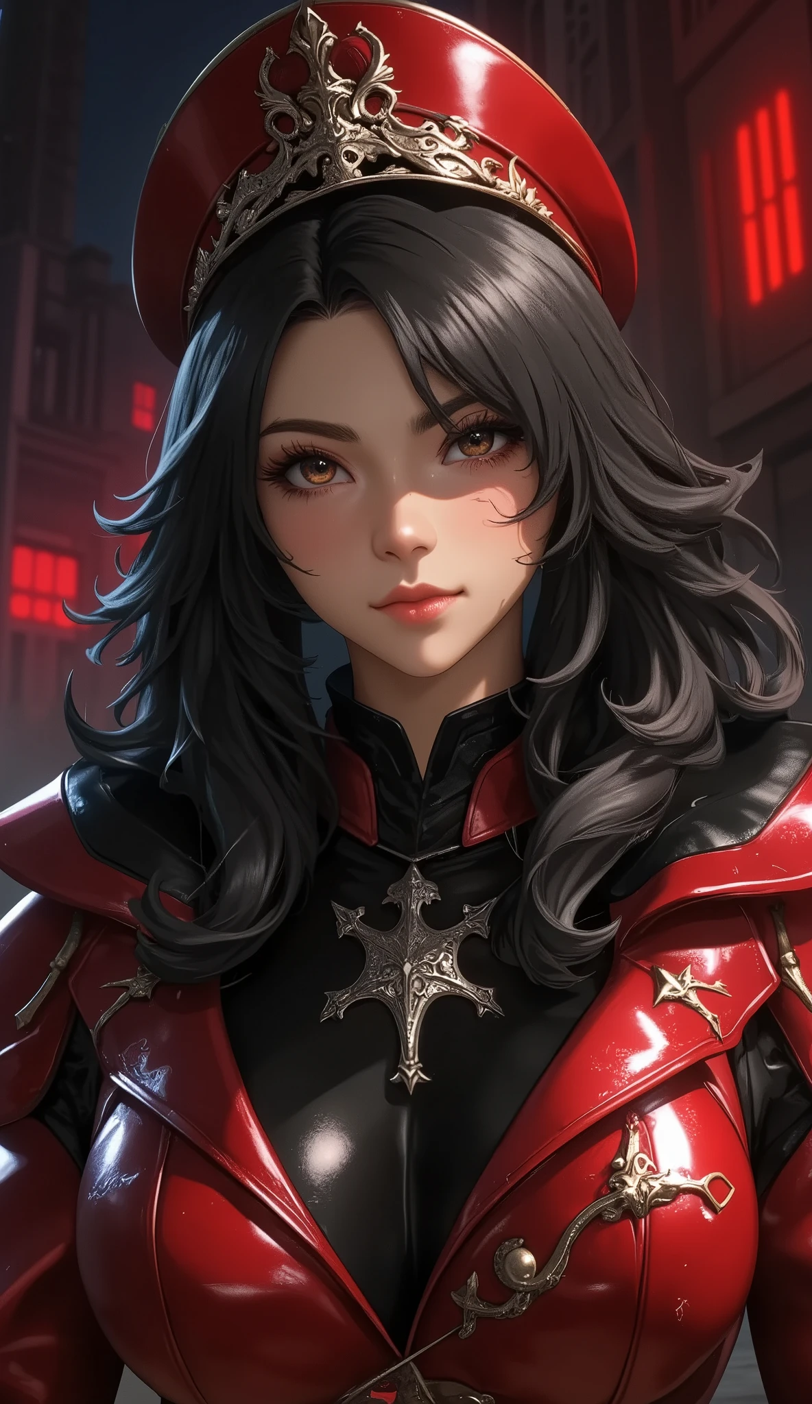 ( Masterpiece:1.2, top quality), Alone Viera 女性, night, Alone, photo is present, science fiction film, science fiction, science fiction, war, upper body, uplifted breasts, focus on faces, is present, pastel painting, Powerful, Intelligent , sensual, Fine grain ( Black Hoodie Overwhelming Expression , brown eyes) detail , long dark hair, best CG , (wearing German red 2 world war general uniform), military, Local Power, The greatness of the army,