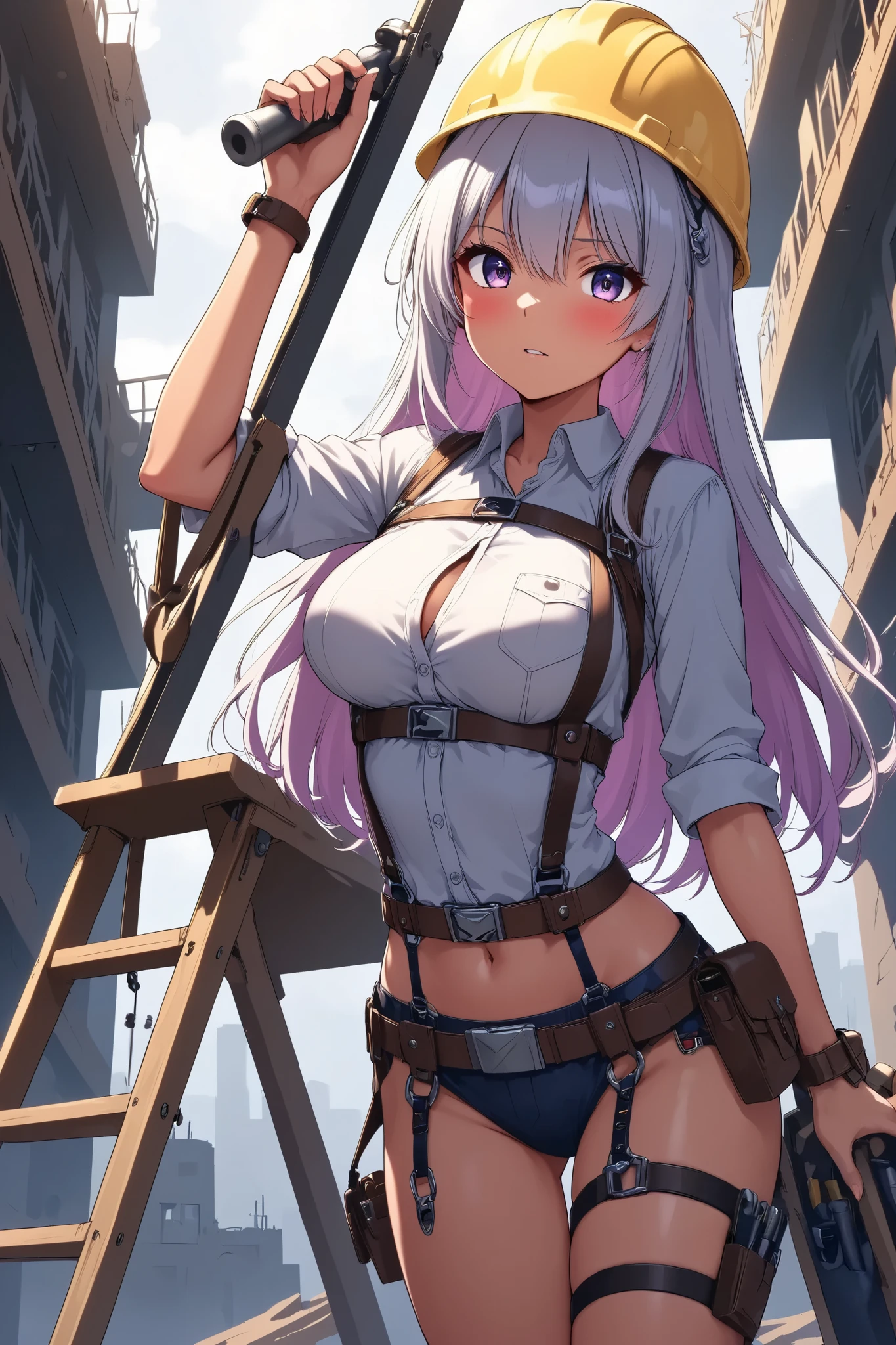 Beautiful woman doing construction , stepladder、 engineer tools with tanned leather tool belts、Full Harness、Anime