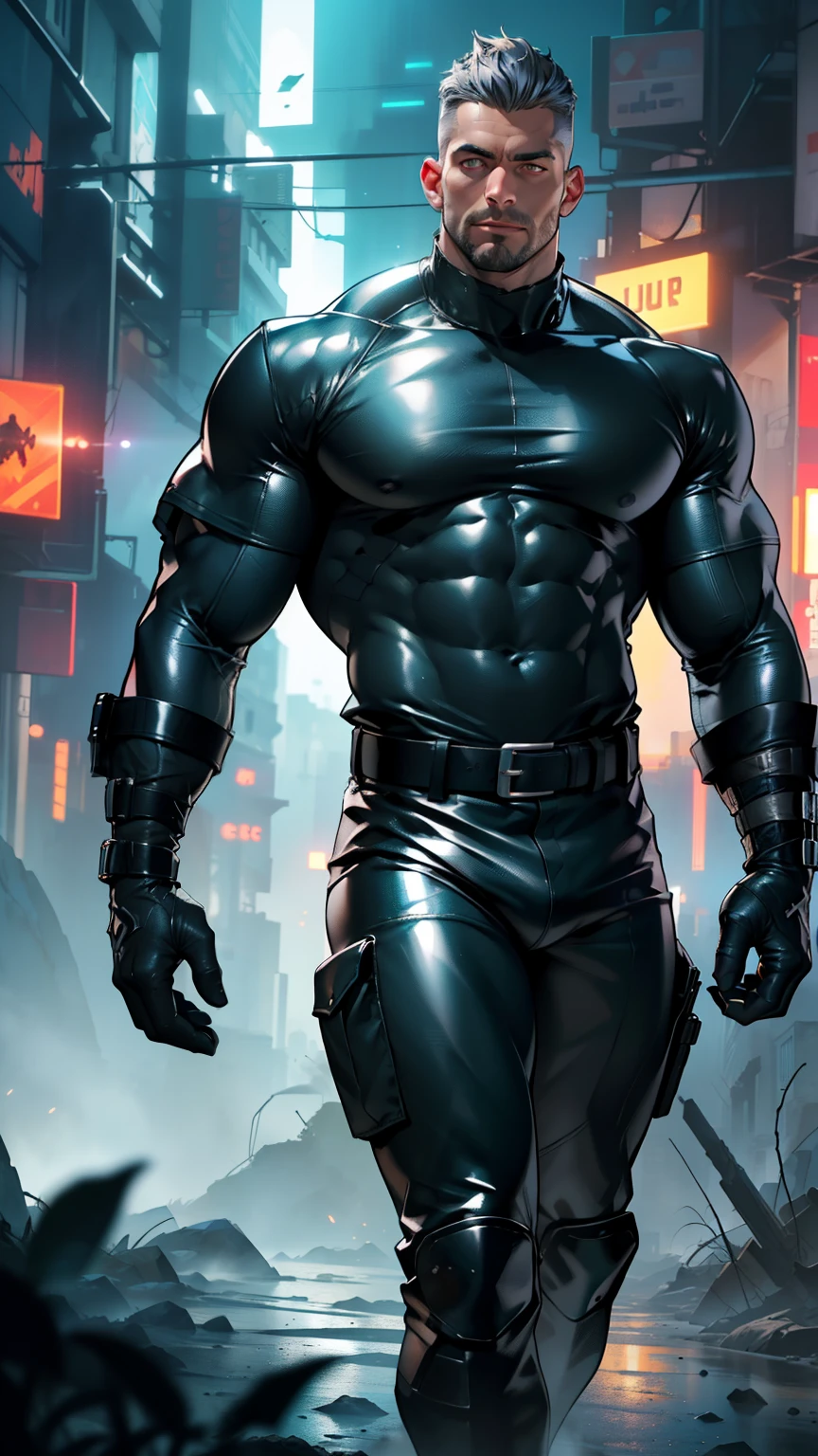 ( full length) A wild muscular man, sexy bad, sadist, brutal executioner . 2 meters Height , muscular тело , ( 28 year old man and man :1.3), One, metal tight suit , (( liquid shiny metal )) ,(( super depressing effect )), (( metallic slick )) , glove belt)),(( glove belt)) (( blue neon stripes )) , ((Hyper-realistic big bulge)) gray hair, shaved whiskey, (( short military haircut)) (Big influence ), muscular, inflated hips , thin body , sexy, bad , bristle, short beard, ( detailed face :1.3), ( glowing white eyes :1.2) , scattered light , ( in high quality , high resolution , photorealistic ), cinematic lighting , masterpiece, RAW Photo, complicated details , HDR, depth of field , with space , a giant against the backdrop of a tiny night of fantastic ruins. beautiful night spot .