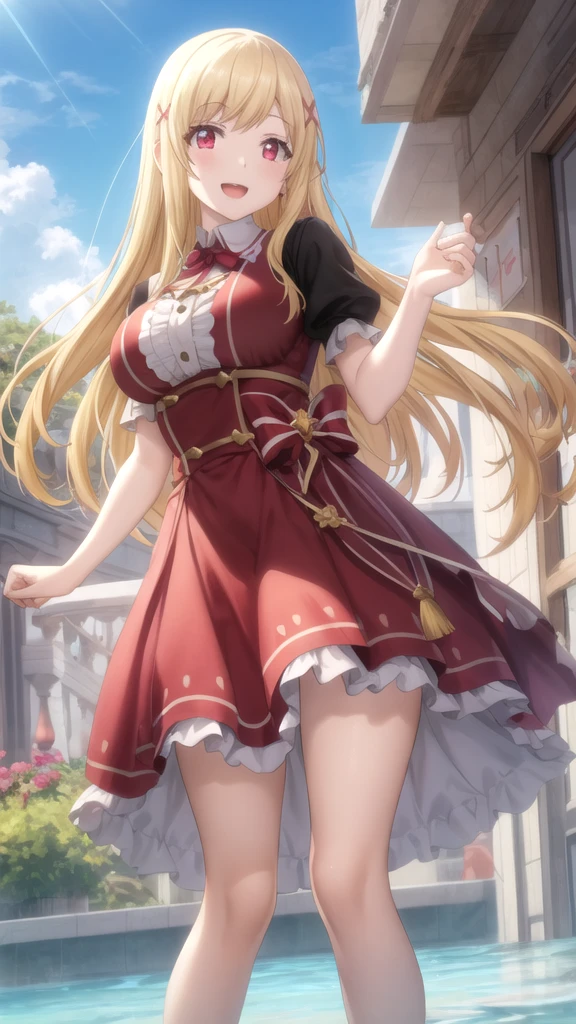 masterpiece、top-quality、caucasian female、a blond、blue eyess、Nice Buddy、(Upper body shirt)、(The lower part of the body is wrapped in red bloomers.)、Entrance to the apartment、Nasty laughter、huge smile、Open the door、Sex Worker、Welcoming guests、