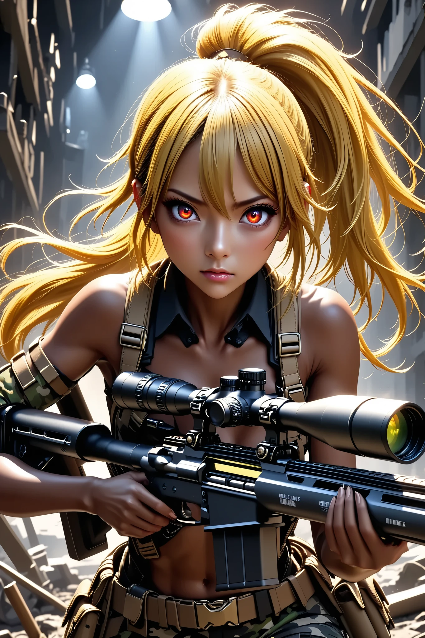 Beautiful female sniper taking a sniper position in the apocalyptic world 、 photochemical camouflage 、 anatomically correct posture 、 tan leather tool belt equipped with lots of tools、Full Harness、 perfect eyes、 matte brown skin 、 torn clothes、 Movie Lighting Effects , ponytail 、shiny yellow hair 、 Red Eyes