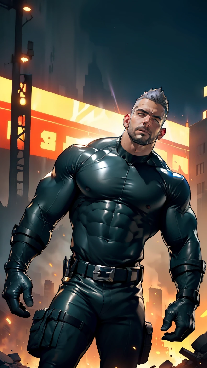 ( full length) A wild muscular man, sexy bad, sadist, brutal executioner . 2 meters Height , muscular тело , ( 28 year old man and man :1.3), One, metal tight suit , (( liquid shiny metal )) ,(( super depressing effect )), (( metallic slick )) , glove belt)),(( glove belt)) (( blue neon stripes )) , ((Hyper-realistic big bulge)) gray hair, shaved whiskey, (( short military haircut )) (Big influence ), muscular, inflated hips , thin body , sexy, bad , bristle, short beard, ( detailed face :1.3), ( glowing white eyes :1.2) , scattered light , ( in high quality , high resolution , photorealistic ), cinematic lighting , masterpiece, RAW Photo, complicated details , HDR, depth of field , with space , a giant against the backdrop of a tiny night of fantastic ruins. beautiful night spot .
