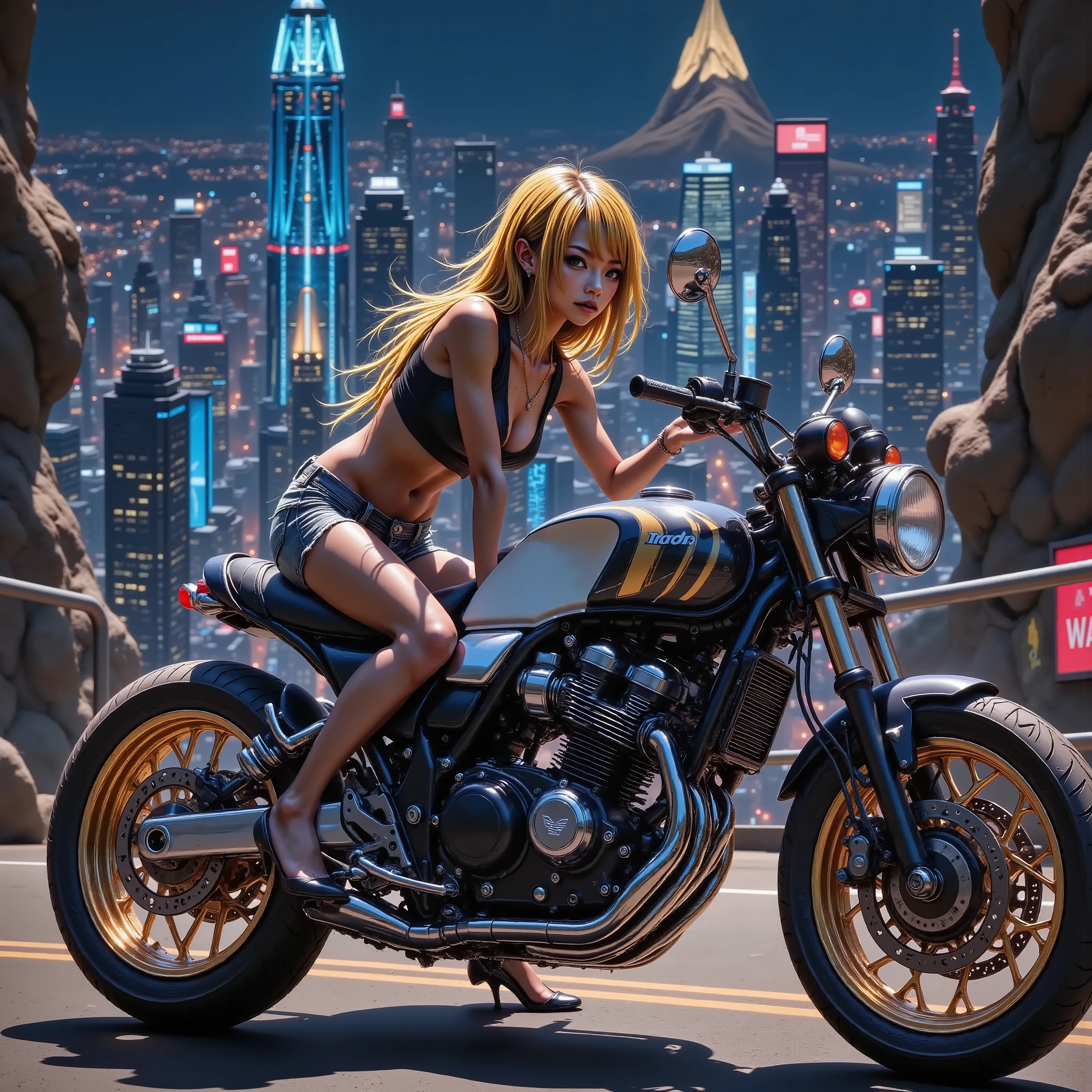 tuned motorcycle/CB750F/A girl riding a , damage jeans 、 Brown skin , small breasts, yellow hair, top quality, textured skin, thin legs 、 high heels、 movie light effect , Summit、 Big City Night View