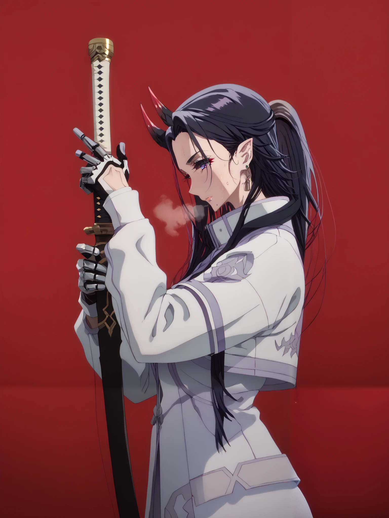 uncensored, gamma, long hair, purple eyes, black hair, ((parted bangs)), forehead, very long hair, pointy ears, mole, mole under mouth, bright pupils, anime coloring, anime screencap, (voluptuous:1.3), (thick:1.3), BREAK UHD, retina, masterpiece, accurate, anatomically correct, super detail, high details, high quality, best quality, highres, 4K, excessive sweating, sweating, sweating drop, (gasping, heavy breathing:1.3), (skindentation:1.2), perfect eyes, beautiful eyes, eyelashes, makeup, detailed body, perfect body, BREAK, 1girl, weapon, solo, sword, red_background, earrings, jewelry, horns, katana, holding_weapon, holding, oni_horns, simple_background, ear_piercing, sheath, holding_sword, oni, mechanical_arms, white_jacket, piercing, jacket, cyberpunk, profile, from_side, sheathed, looking_at_viewer, cyborg,