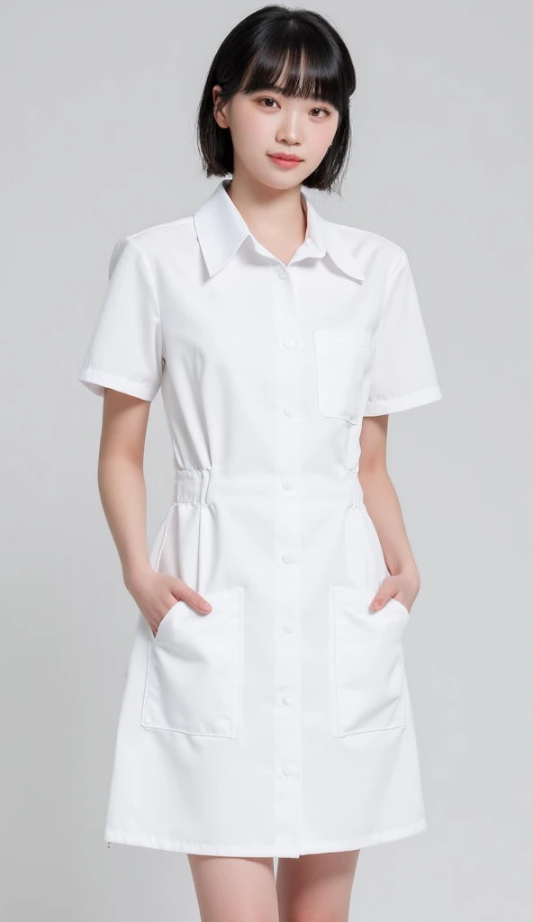 White short fitted sleeveless teacher smock, with white details on the pockets. Closed at the front with a white zipper closure. With round neck