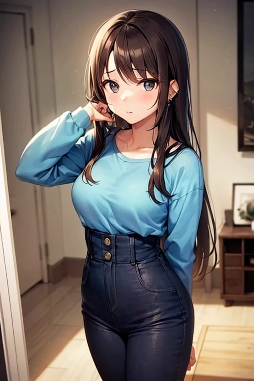 (masterpiece, best quality, 4k), 1girl, long brown hair, blue eyes, seductive face, arm up, from above, fisheye, asymmetrical bangs, ray tracing, chromic aberration, thick lips, indoors, turquoise knit sweater, ambient lighting, window, starry sky, crop top, long sleeves, leggings, midriff, cleavage, looking at viewer, large breasts, thick thighs, off shoulder, hair clips, perfect lighting, cute colors from above, bedroom background, plants in background