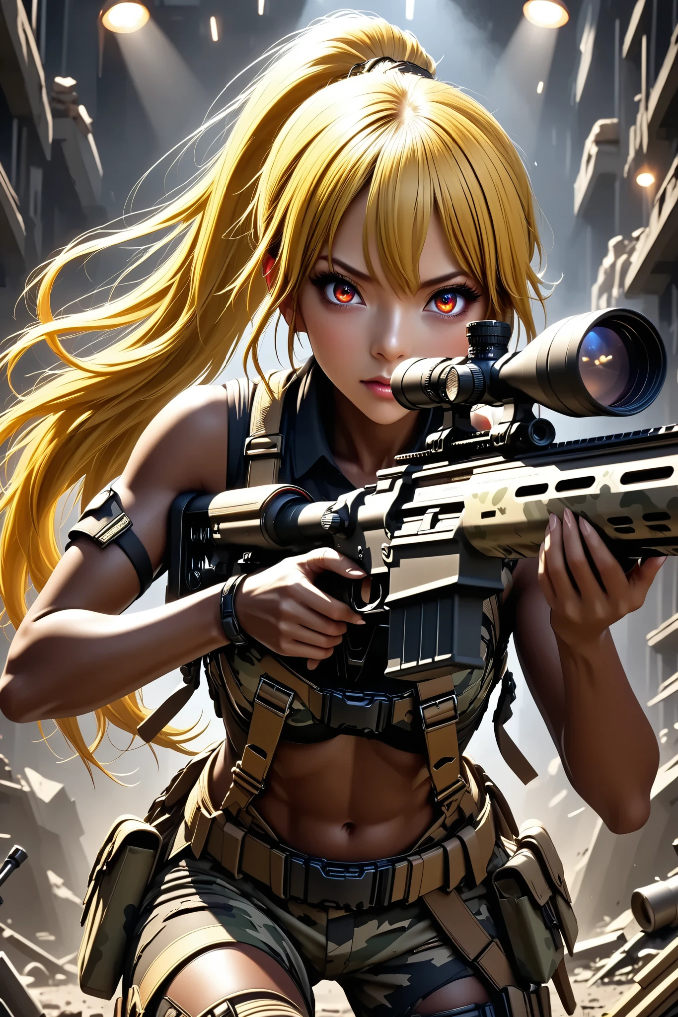 Beautiful female sniper taking a sniper position in the apocalyptic world 、 photochemical camouflage 、 anatomically correct posture 、 tan leather tool belt equipped with lots of tools、Full Harness、 perfect eyes、 matte brown skin 、 torn clothes、 Movie Lighting Effects , ponytail 、shiny yellow hair 、 Red Eyes