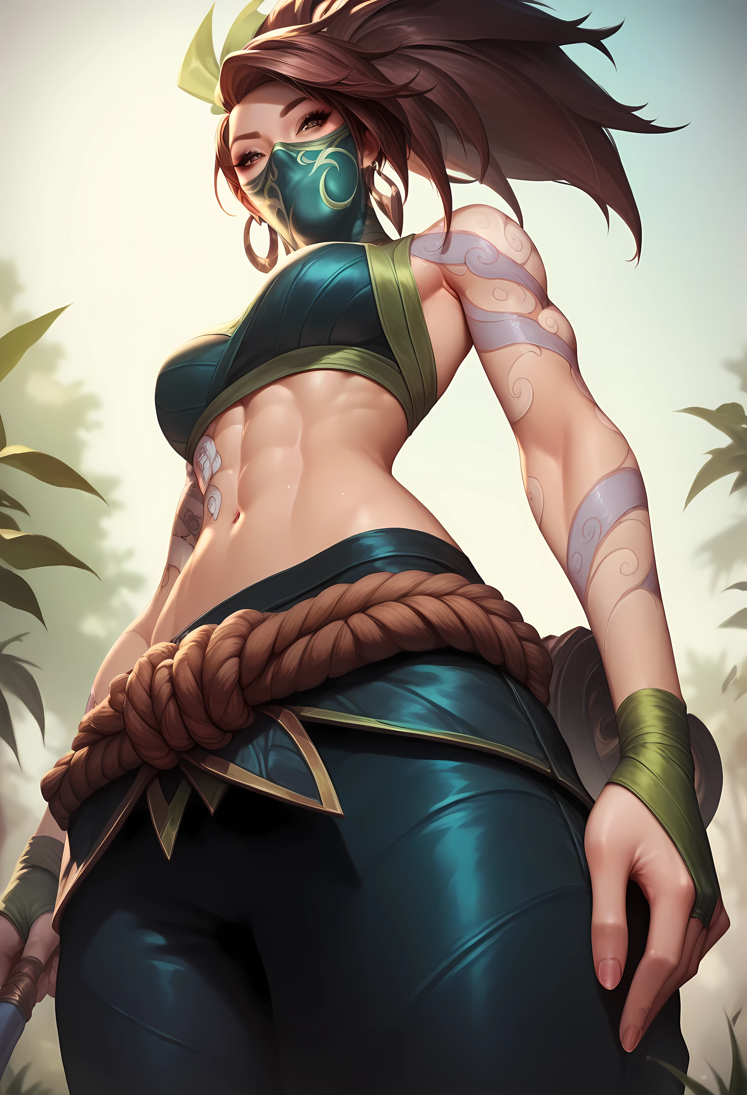 akali league of legends, Athletic Body, her hair is long and black, Always tied in a tall ponytail , Without mask, brown-haired European woman , Ultra realistic , tattoo on the arm , Beautiful face , angle from below.