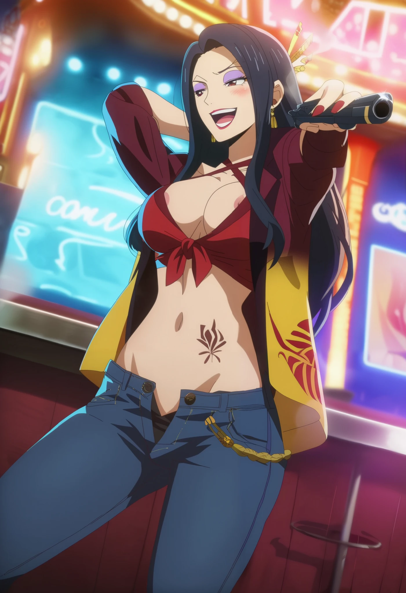 score_6_up, score_5_up, score_4_up, score_9, score_8_up, score_7_up, highly detailed, anime_source, anime_screencap, anime coloring, 1girl, solo, breasts, black hair, long hair, straight hair, brown eyes, jewelry, makeup, lipstick, eyeshadow, kurenai_kogetsu, , ear piercing, long hair, blush, lipstick,Hot girl, baddie, smoking, sensual, attractive ,bar
background, inside bar,indoors, cityscape, casino, nightclub, city lights, masterpiece,high
quality,4k,belly,,holding pistol,cleavage, unbuttoned shirt, shirt, knot, smile, open mouth, (nsfw)
not safe for work, evil expression, exposed belly, exposed navel, exposed midriff, exposed lower
belly, crop top overhang,jacket, unbuttoned jeans , low rise black jeans, Low rise jeans, Low rise
jeans with open fly, nipple slip, criss-cross halter , dragon tattoo, narrowed eyes, tattoo midriff,