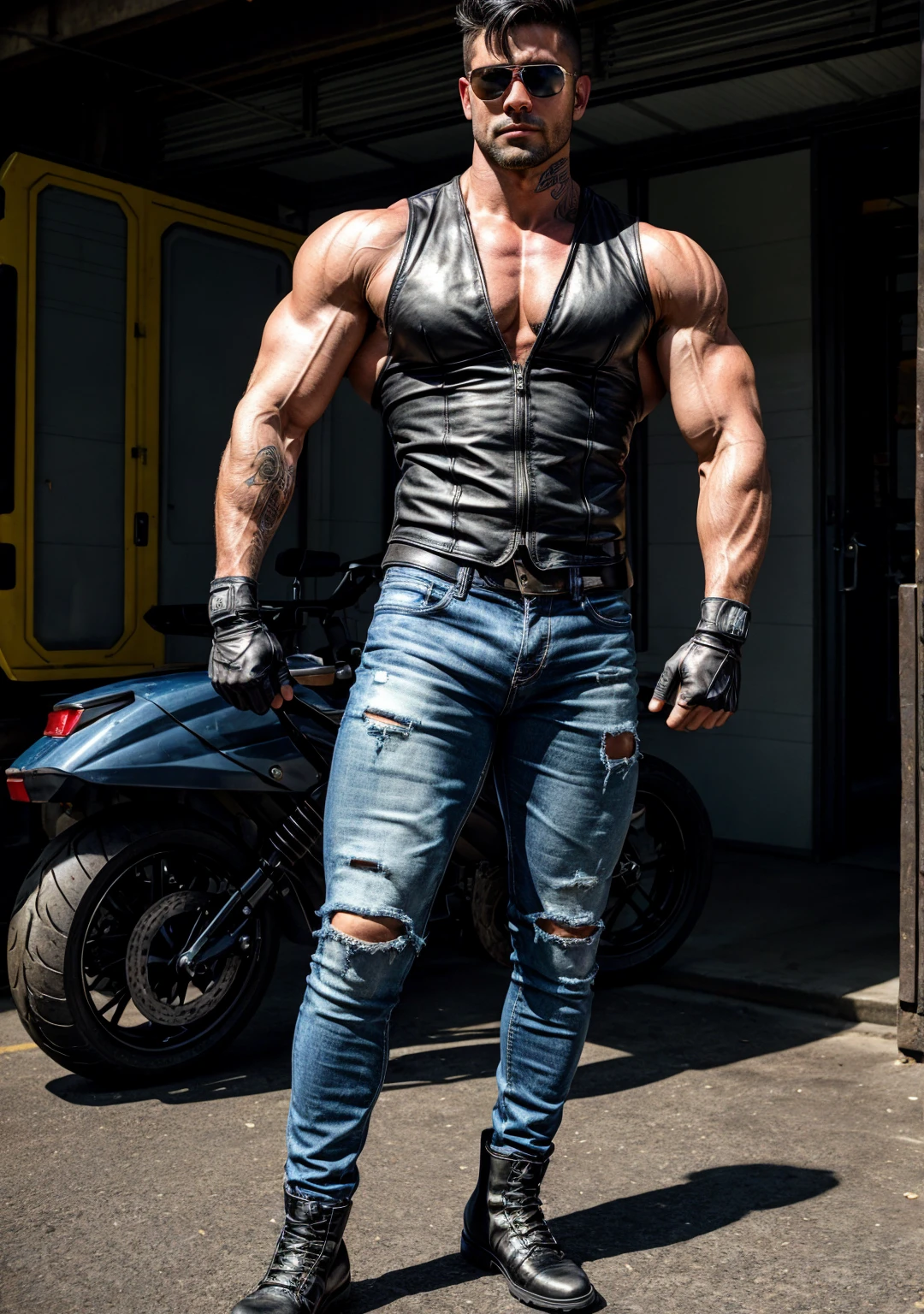 Fullbody picture of white Handsome bodybuilder big muscular horny nude sexy gay boy wearing sexy body harness, shiny white Spiky Mohawk hair style, shiny black shoes, red lip, chain, tattoos, horny, cum shot, sperm, milking penis, big penis, very big testicle, shiny oiled skin, oversexed, sunny day standing at street.