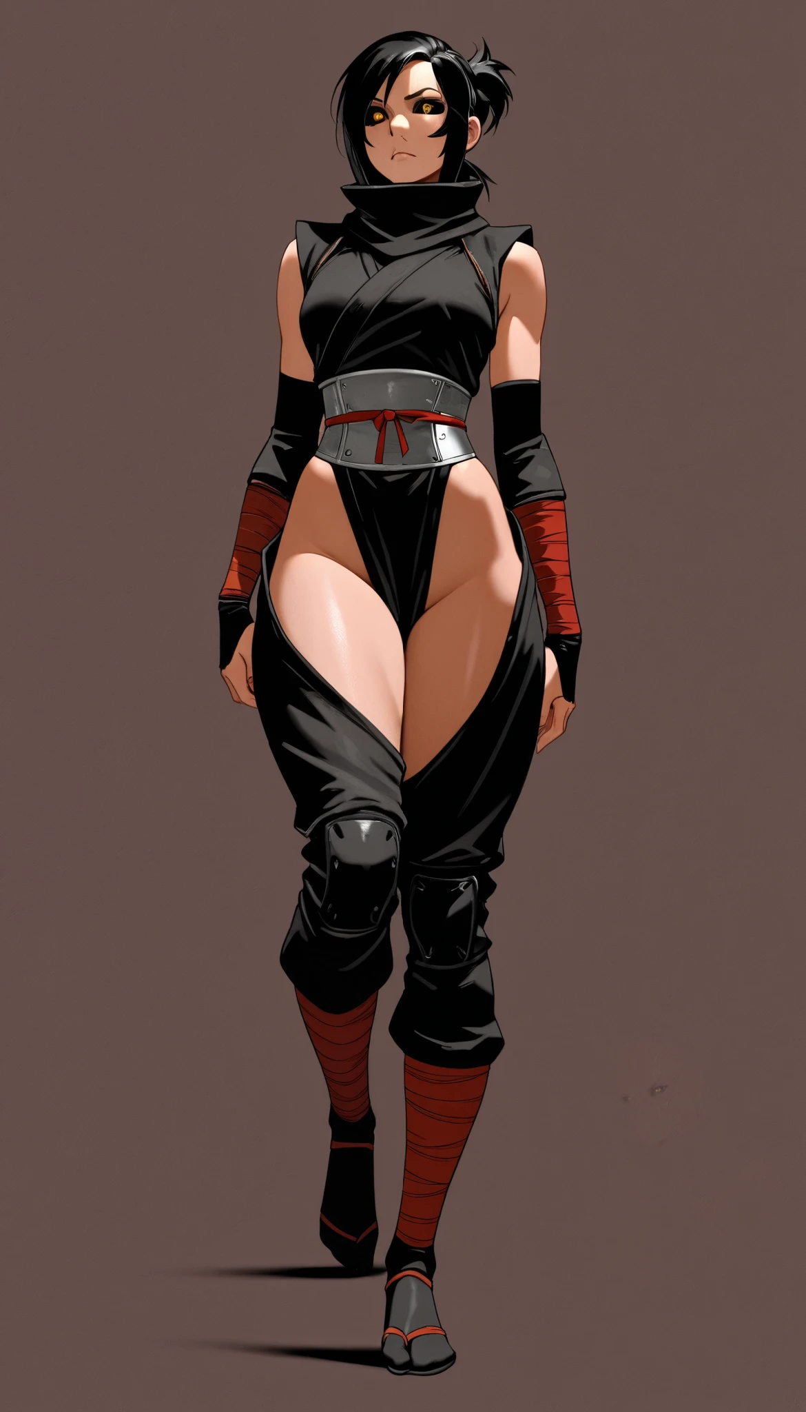 ((Masterpiece)), (( top quality), high definition,fine grain, pink eye, detailed face , ninja, solo, simple background, yellow eyes, black_sclera, tall woman, mad max ninja clothes, all body in view