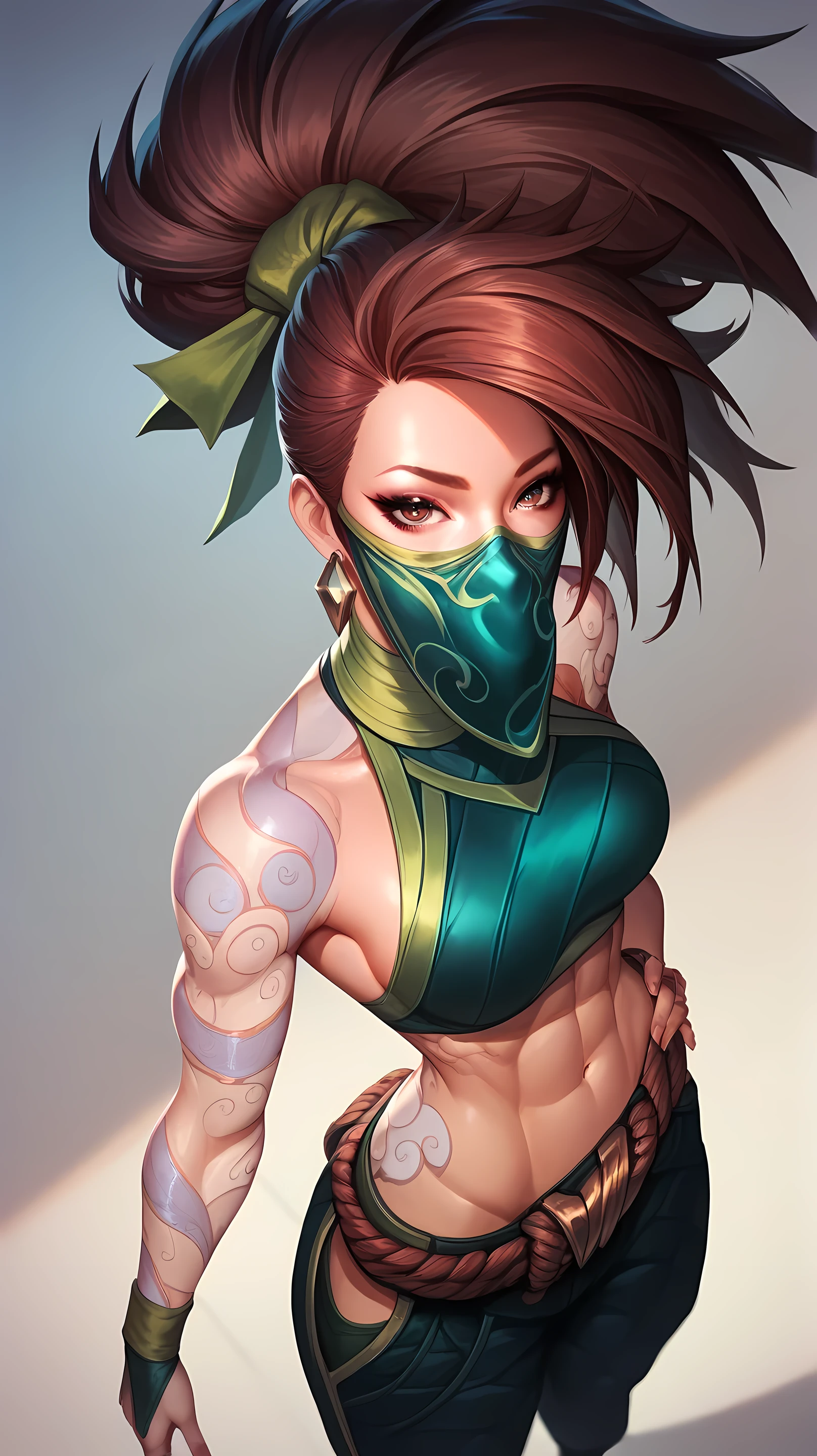 akali league of legends,   Athletic Body,  her hair is long and black, Always tied in a high ponytail , Without mask,  brown-haired European woman,  Ultra realistic ,  tattoo on the arm ,  beautiful face  ,  angle from above .
