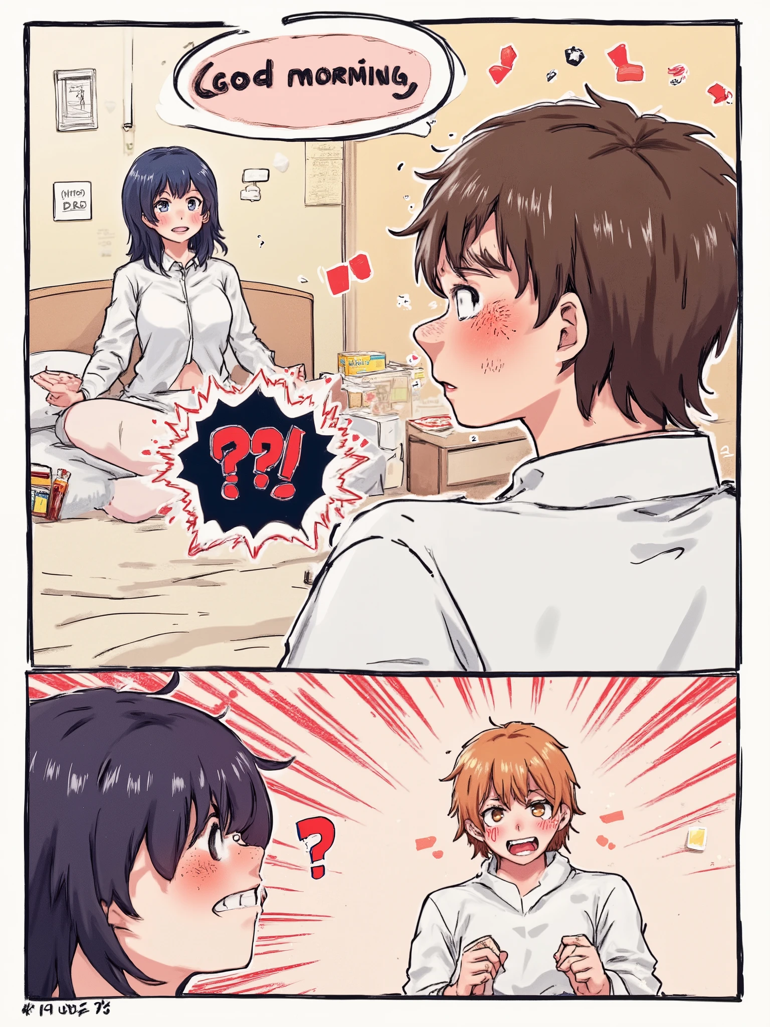 A two-panel anime-style illustration with soft pastel colors, expressive character reactions, and a comedic atmosphere. 

In the first panel, a young woman with long dark hair, a sleepy but cheerful expression, and an oversized unbuttoned shirt stretches while saying "Good morning~". The shirt is loose, revealing much of her naked body. next to her in the front a chocked  man with a blushed red face with A speech bubble with bold red and black "?!", shaped like an explosion, is strategically placed over her lower body to censor her exposed area in a comedic way. 

A young man with short brown hair, blushing intensely, turns his head away in shock, sweating. His expression is exaggerated, with anime-style stress lines and a sharp, jagged aura around him to emphasize his embarrassment.

In the second panel, the young woman looks confused, tilting her head slightly, with a question mark above her. The young man, still blushing, is frantically talking with nervous gestures, his shirt slightly open, revealing part of his chest. The background has comic-like symbols and wavy red lines to enhance the comedic effect.

The art style is clean and polished, with soft shading, dynamic lines, and expressive anime-style facial features.