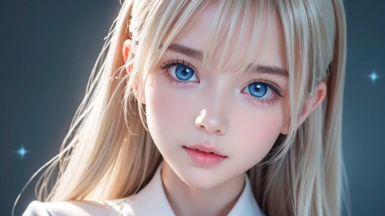Dressed、(Photorealistic:1.4)、(Hyper-realistic:1.4)、(Realistic:1.3)、(Smooth lighting:1.05)、(Improved cinematic lighting quality:0.9)、32K、1 Girl、Very cute expression、A beautiful blonde girl、Realistic top lighting、Backlight、Face Light、super long platinum blonde silky hair、、Beautiful bangs、bangs over eyes、Ray tracing、(Bright light:1.2)、(quality improvement:1.4)、(Highest quality realistic textured skin:1.4)、Very beautiful detailed large shining light blue eyes、Very big eyes、Detailed face、A careful eye for quality、(Tired, sleepy and satisfied: 0.0)、Face close up、T-Shirts、(Enhances the body line:1.1)、(Enhances the beauty of skin texture:1.1)、Cheek gloss highlight、Small Face Beauty、Round face