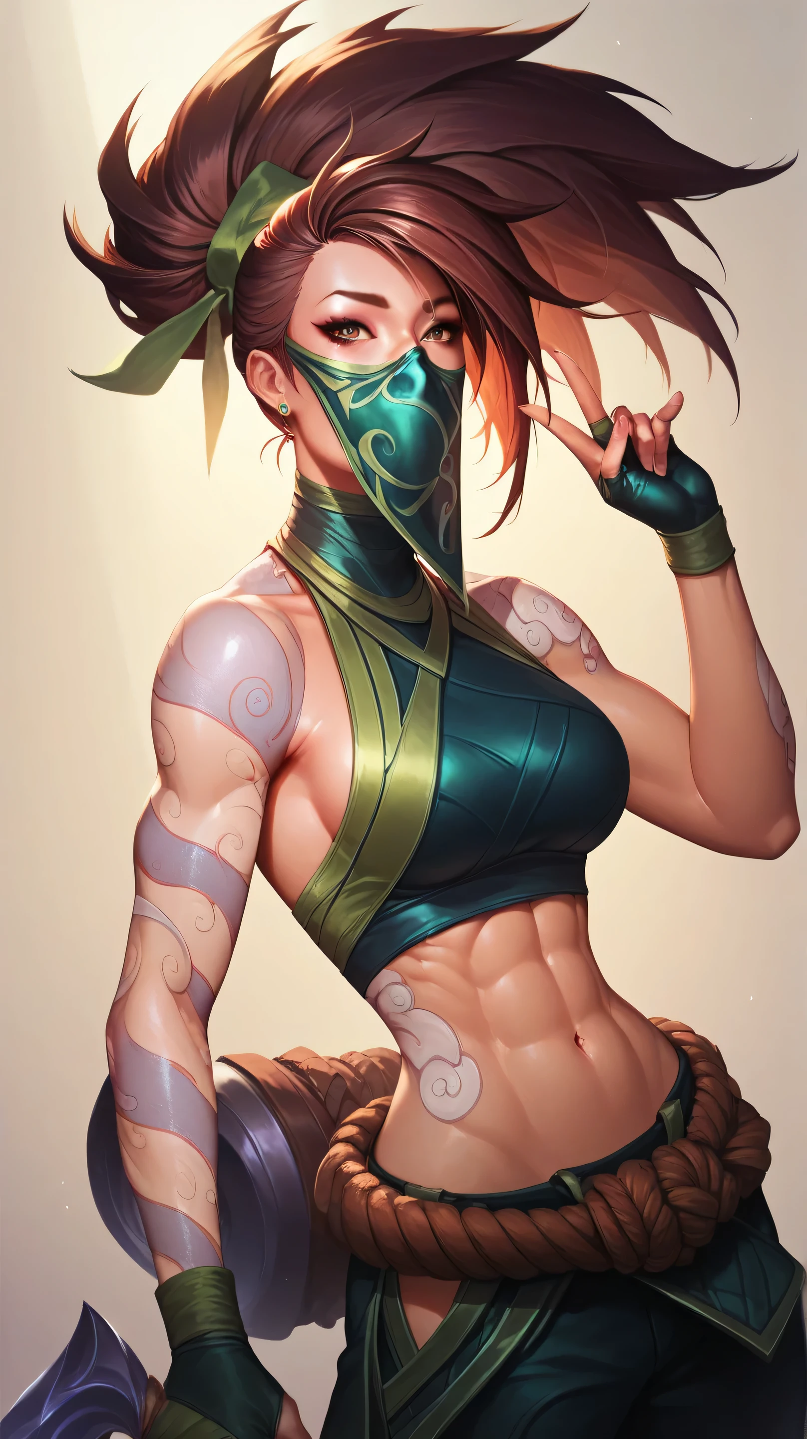 akali league of legends,   Athletic Body,  her hair is long and black, Always tied in a high ponytail , Without mask,  brown-haired European woman,  Ultra realistic ,  tattoo on the arm ,  beautiful face  