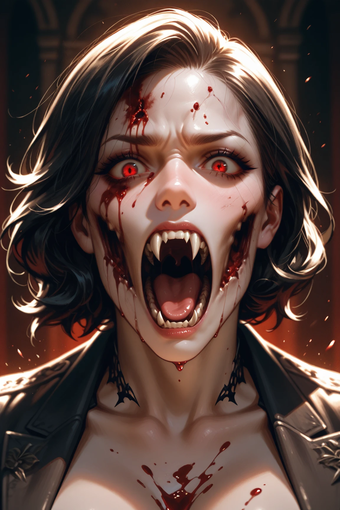 a close up of a vampire female with long hair and a bloody face, detailed cinematic render, from witcher (2021), ps5 cinematic screen capture, horror cgi 4 k, female revenant