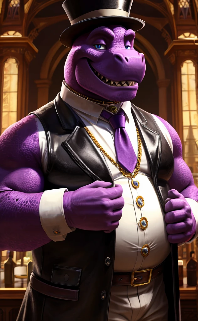 Solo, Male, fat, extremely obese, gentleman, dapper Professor Spyro, blue eyes, (posing:1.3), (soft shading), 4k, hi res, ((detailed face, detailed)), looking at viewer, mouth wide open, steampunk, dapper clothing, collared shirt with buttons, top hat, male focus, Explorer Outfit, glasses, monocle, vest with buttons, sleeves rolled up, round eyewear, brown headwear, brown vest, office, Spyro is wearing a glossy leather dog collar around the neck, Spyro is wearing the leather collar and shirt and vest at the same time, Spyro is wearing glossy white rubber gloves on the hands, wearing white rubber gloves on the feet, gloves are rubber in texture, clenching teeth, clenching fists, leather collar is glossy and shiny with a lot of detail, Spyro is wearing gloves and leather collar at the same time, leather collar has a round dog-tag, leather collar is thick and detailed, leather collar is glossy and shiny, fancy clothing, dapper vest, dapper shirt, leather collar is thick, glossy leather collar.
