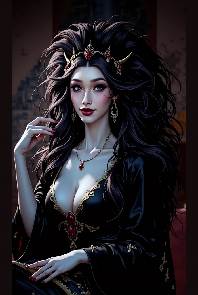 ((old painting portrait face and breast close up)) ((round ornamented frame)) woman beautiful face, big blue eyes, red lipstick, dark eyeshadows make up, long straight black hair, (pale skin), silver tiara, silver neck ornament, huge breast, slim figure, strapless dress, big cleavage, black dress, hand playing with hair, (master piece, intrincated details, reflex, photo reslistic, amazing lights and shadows) (8k) perfect eye, perfect face, inside dark room background