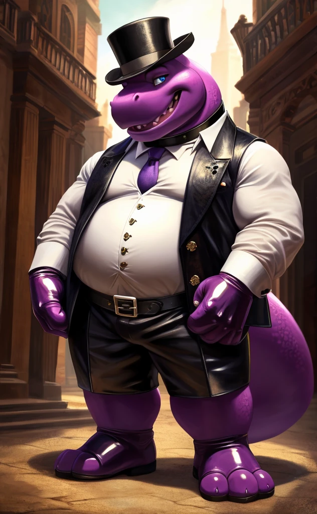 Solo, Male, fat, squatting, extremely obese, gentleman, dapper Nidoking blue eyes, (soft shading), 4k, hi res, ((detailed face, detailed)), looking at viewer, evil grin, police station, collared shirt with buttons, hat, male focus, Police Uniform, glasses, monocle, vest with buttons, sleeves rolled up, round eyewear, headwear, vest, Nidoking is wearing a glossy leather dog collar around the neck, Nidoking is wearing the leather collar and shirt and vest at the same time, Nidoking is wearing glossy white rubber gloves on the hands, wearing white rubber gloves on the feet, Nidoking is wearing glossy white cuffs around the wrists with cufflinks, gloves are rubber in texture, clenching teeth, clenching fists, leather collar is glossy and shiny with a lot of detail, Nidoking is wearing gloves and cuffs and cufflinks at the same time, leather collar has a round dog-tag, leather collar is thick and detailed.