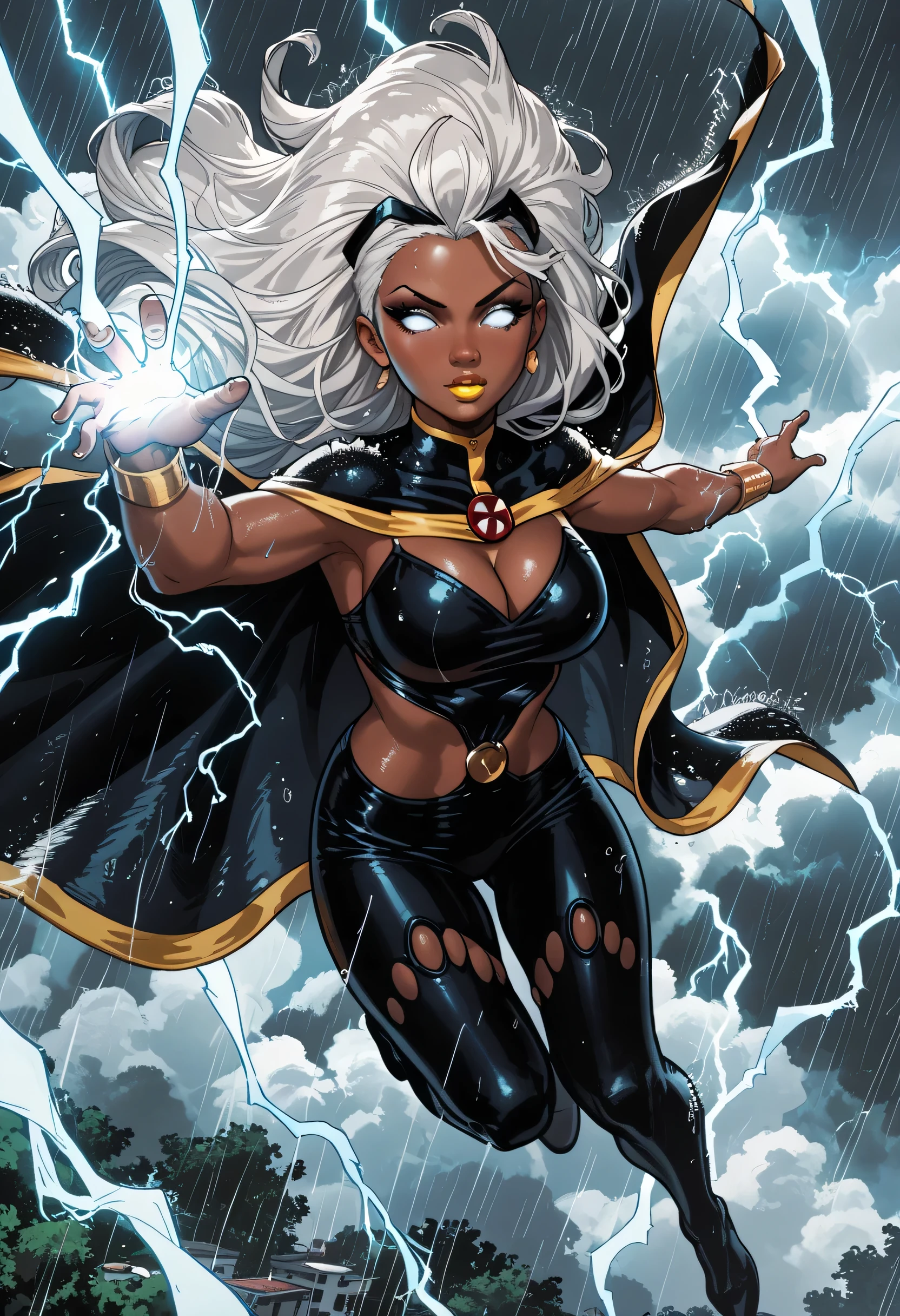 black skin, white eyes, yellow lipstick, anime style, white hair, dark brown skin, long hair, lightning storm, rain, tornado, flying, big breasts, electricity, lightning, thick hair, cleavage, cape, Storm, Marvel