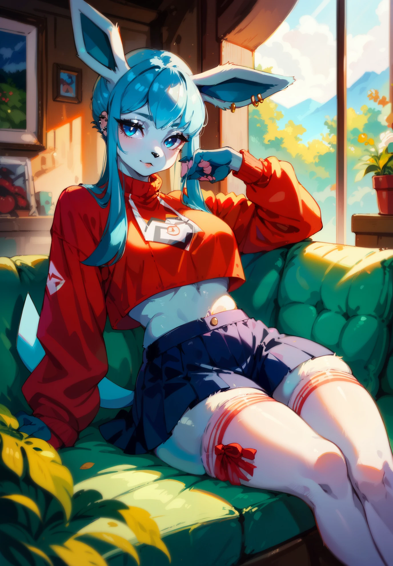 source_furry, BREAK, furry, anthro, 1girl, Glaceon, Pokemon, blue hair, crop top, piercings, thigh highs, skirt, sitting on a couch, sexy pose, lustful, BREAK, night time, mountain cottage, cinematic lighting,