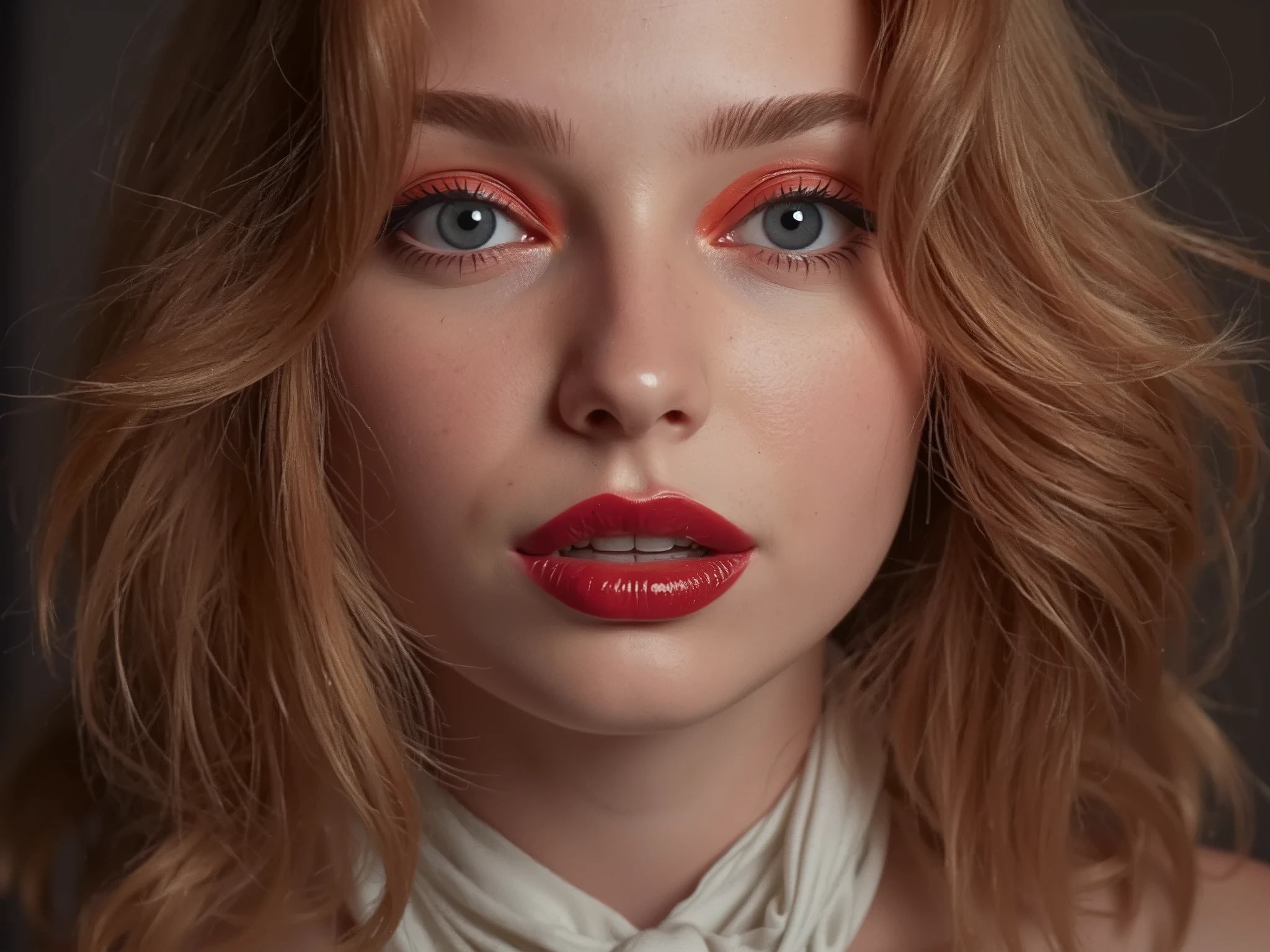 extreme close up of face, deep red shiny lip gloss, eyeliner flicks, eye shadow, elegant red hair