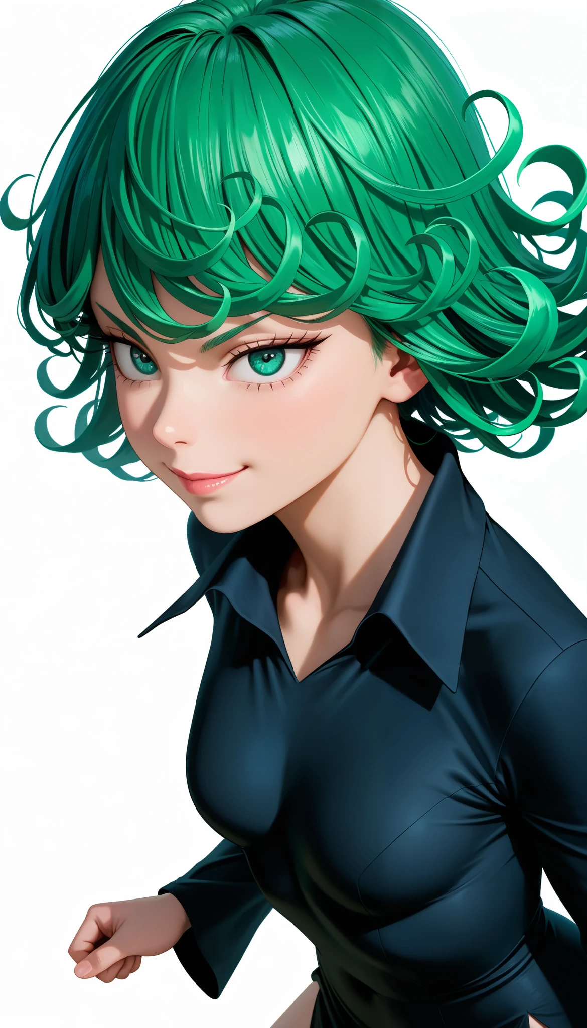 (photography , best quality), best score, best anatomy, ultra deitailed, amazing quality, very aesthetic, anime_realistic:1.4 absurdres, highres, 2024, newest, HDR, 8K, high detail RAW color art, high contrast,, eyelashes, bright skin, smile, tatsumaki, short hair, curly hair, Green hair,
long sleeves, dress, forced perspective, ((minimalist white background)), side vire