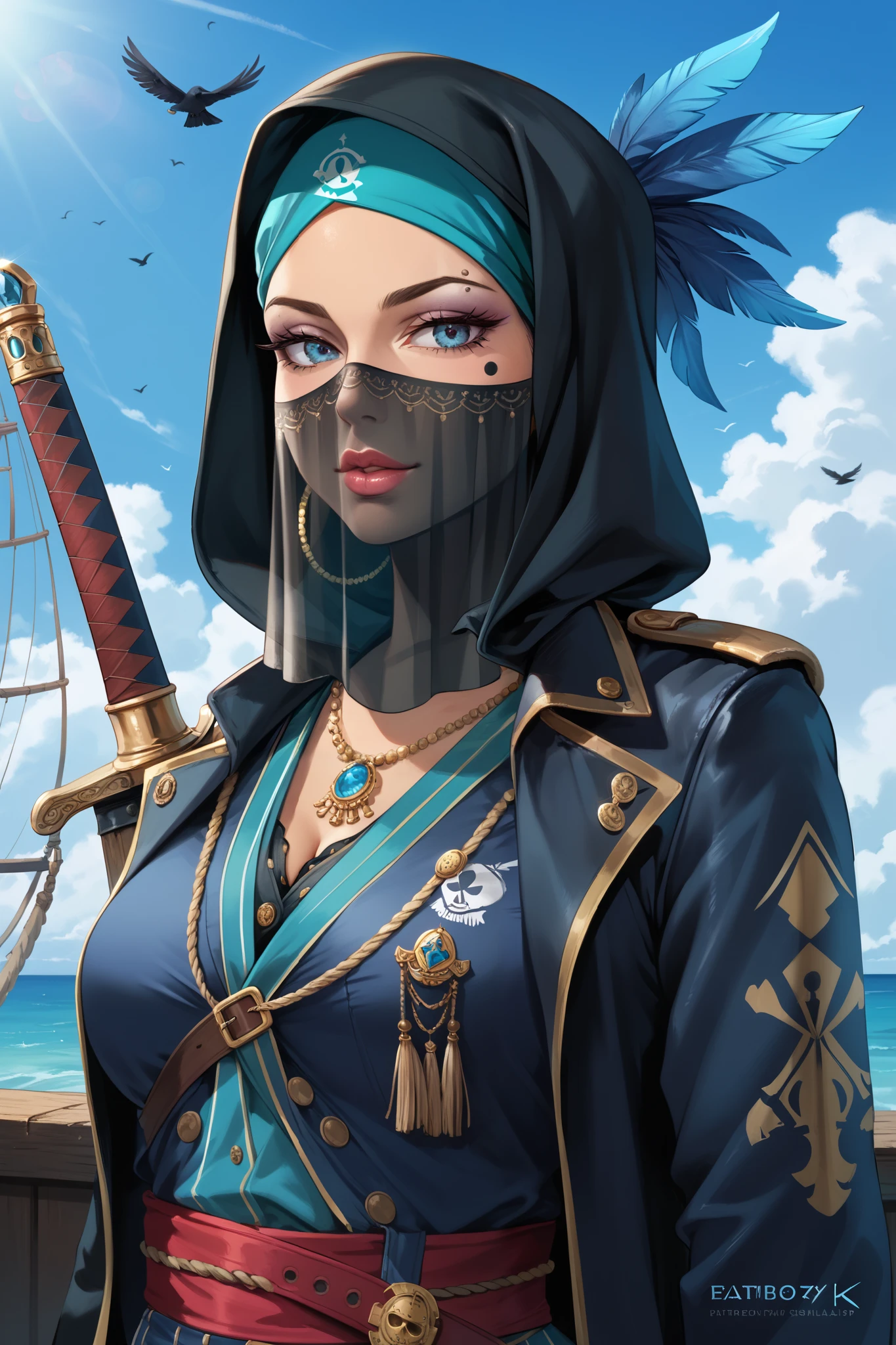 mixed_artstyle, 1 girl, hands, (best quality, 4K, Artwork :1.3), beautiful, hyper-realistic, ultra-detailed face, Detailed lips, detailed, Sealpunk, pirate, pirate woman, captain, crows, silk hijab, face veil⁵, jewelry, half cyborg, blue crystal sword, clothes with crow feathers, stylized
