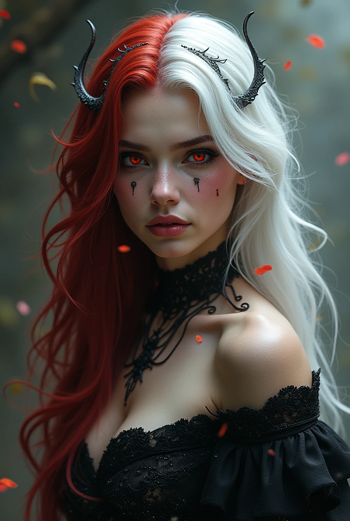 A red-haired female character, half demon, missing an eye and half of her ear injured with many hairpins