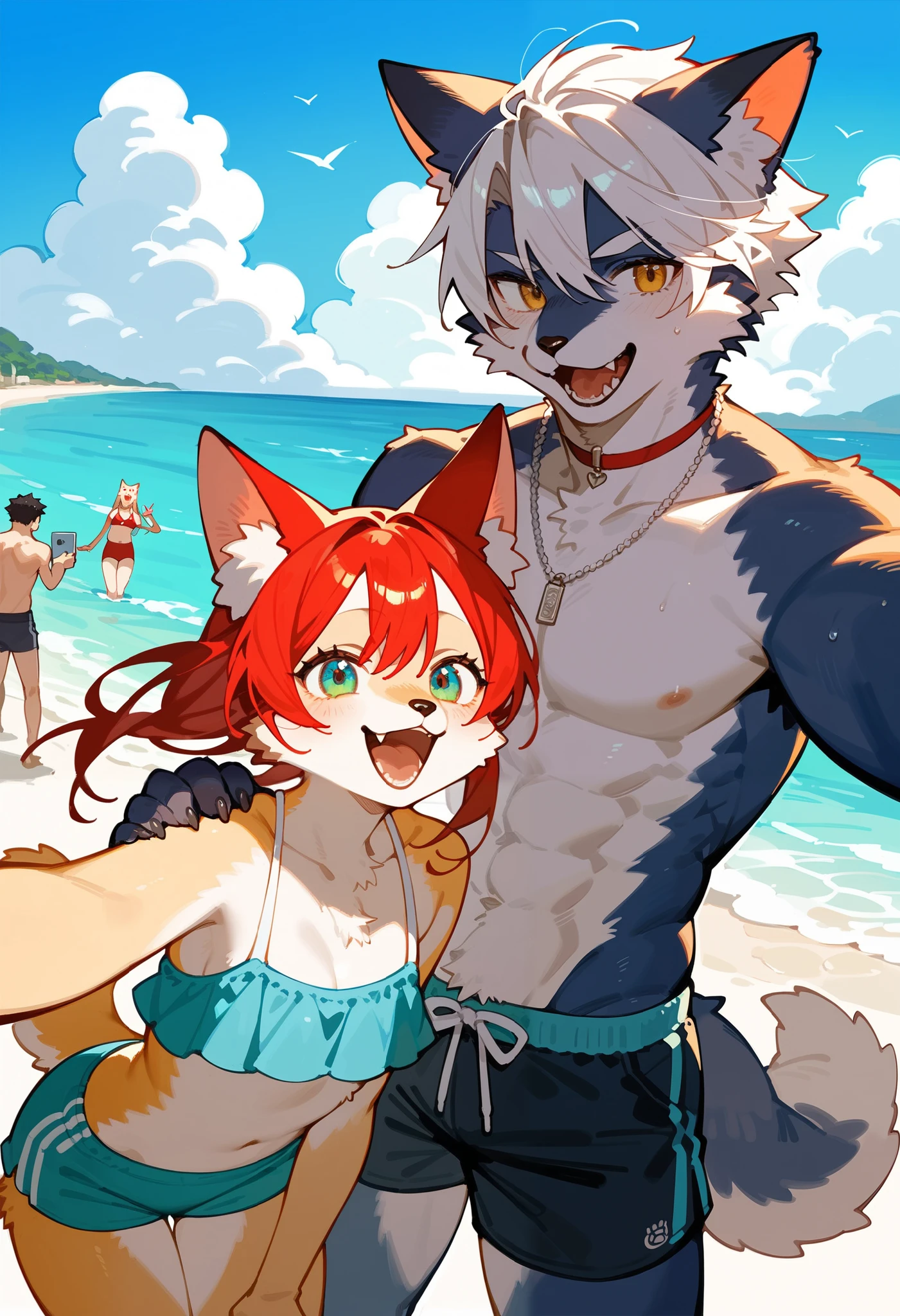 Furry shota, wolf, black hair, long spiky ponytail, blue eyes, detailed body fur, ((goggles, blue hawaiian shirt, open clothes, black swim trunks)), looking at another, fangs, clear grey body fur, detailed face, big eyebrows, detailed eyes, detailed body, detailed body fur, detailed hands, glistering body, shiny body, skinny, uperbody, score_9,score_8_up,score_7_up, source_cartoon, source_furry, :3, glowing blue eyes, from above, motion blur, among the crowd, hug another, beach, clear sky,