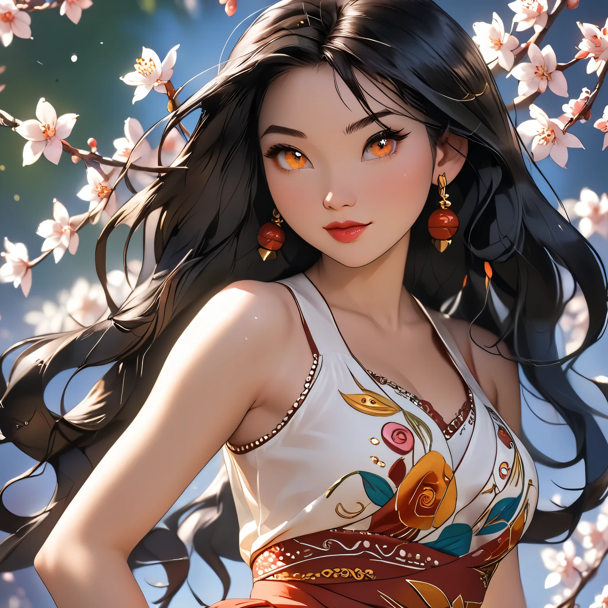 (beautiful girl:1.3),1girl,masterpiece,Highest quality,Ultra-high resolution,rich contrast,super high quality,8k,Highly detailed CG unit wallpaper,texture,Incredibly absurd,Ultra-high resolution,Highest quality anime,professional photograph,an extremely delicate and beautiful,RAW Photos,Depth of Field 1.2,ultra-detailed eyes,Glitter Effect,Beautiful glossy lips, 25years old, gorgeous legs, noise perfect, gorgeous ass, Fa Mulan from Disney, gorgeous ass, dynamic pose, skinny jeans, (translucent white blouse), no bra, sensual woman, seductive woman, mature woman, Milf, maternal, shy look, full body, MulanXLP, black hair, long hair, Boho Set (Adventure and Freedom): Top: Sleeveless linen blouse in terracotta tone with floral embroidery in white thread, with a "V" shaped neckline and thin straps.
Bottom: Long skirt with a wrap-around cut, with a multicolor ethnic print in warm tones (red, orange and yellow). The skirt has a lace fringe at the bottom edge.