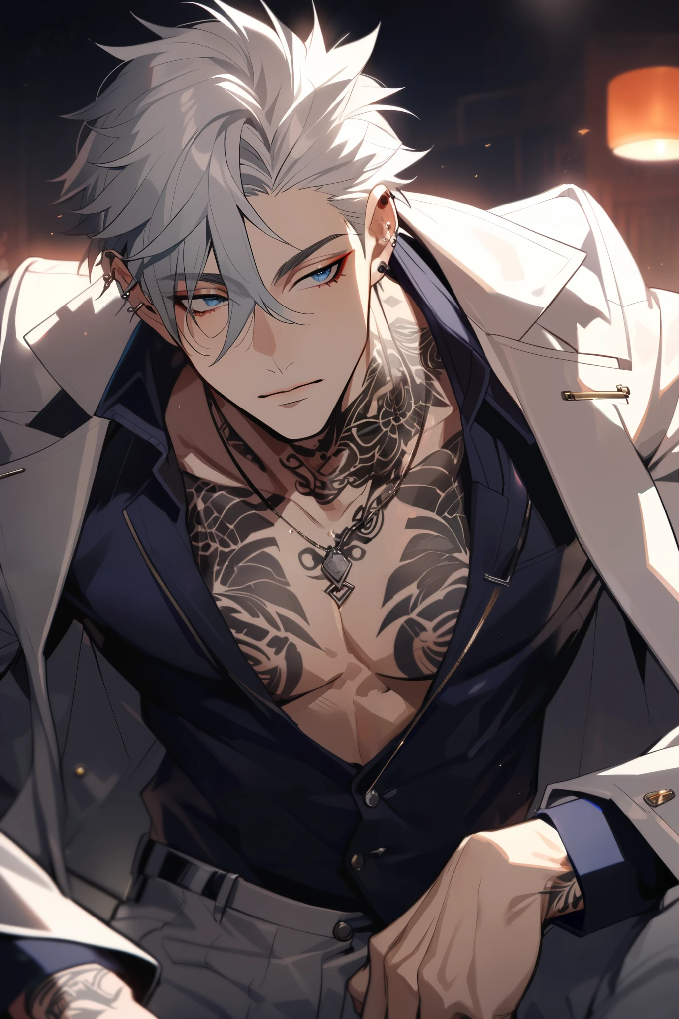 1 handsome male, short spiky silver hair, piercing blue eyes, languid gaze, 30 years old, high detaiL, perfect eyes, look away, solo, sexy, good posture, bad boy aesthetic, he is a yakuza, tattoo on his neck, sexy gaze