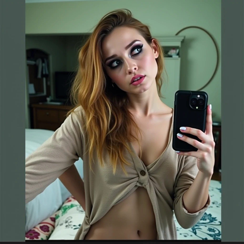 arafed woman in a white bra top taking a selfie in a mirror, instagram model, barbara palvin, 2 4 year old female model, posing in bra, bella thorne, very tight small push up bra, bralette, white bra, photo of slim girl model, her belly button is exposed, posing in a bedroom, wearing bra, sexy look naked