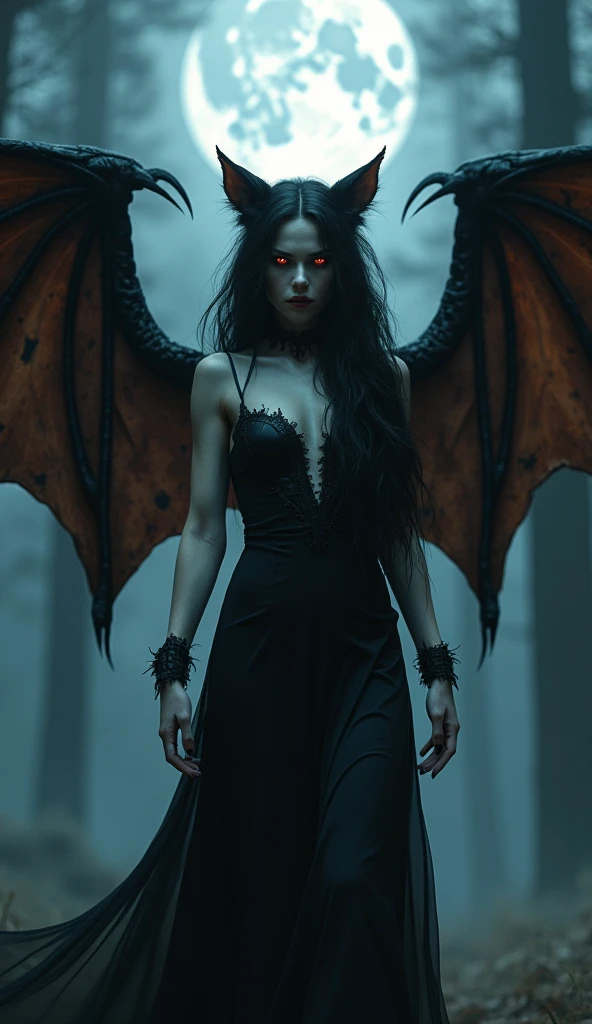 Vampire, female, long dark hair, pasty pale ghastly skin, red eyes, vampire fans, very long canine teeth becoming fangs, elegant flowing renaissance era black dress, Romanian, dark castle, nighttime, moonlight, dimly lit, horror, threatening to bite you, bearing her fangs, huge leathery bat wings, close, very close, Vampire bite scene