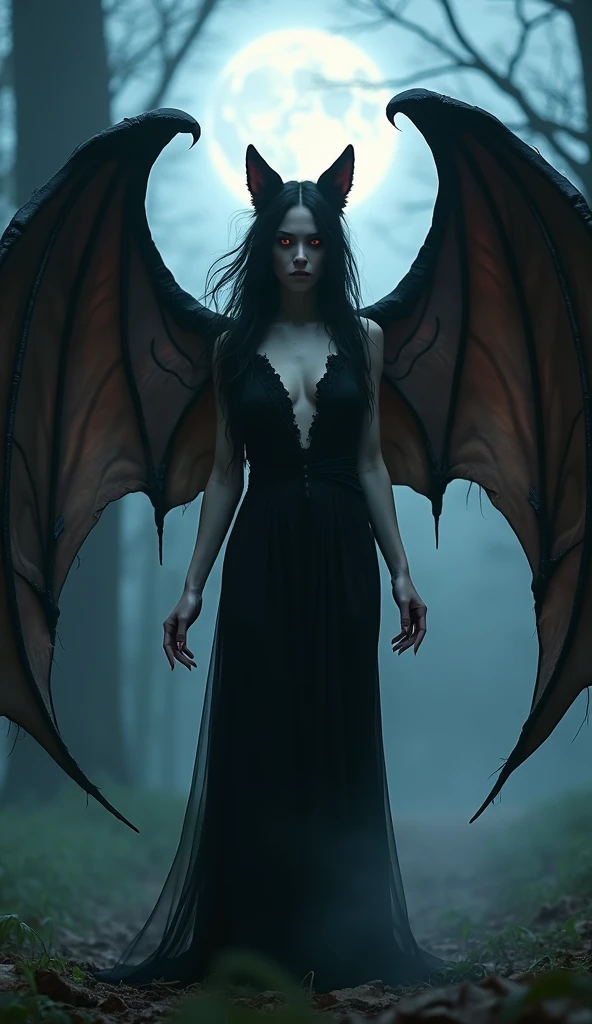 Create an image of a dark feminine angel with imposing wings and ethereal details, standing in a serene posture on an obsidian floor. The scene is lit by the dim light of a full moon in a gloomy forest.. The overall tone conveys a mix of dark power and ancient mystery.. The angel wings are large and detailed, with almost realistic feathers. The figure is standing with both arms extended upwards., holding a dark flower that seems to radiate pure energy. The moonlight emits a cold glow that slightly illuminates the figure.. The color palette consists of dark and muted tones., predominantly black and dark blue. The wings are pearly black., contrasting with the dark background. The angel&#39;s skin is a grayish tone, almost translucent, standing out in the gloomy surroundings. The floor is a black obsidian pattern, and the lighting is soft and diffuse, creating deep shadows and a mysterious atmosphere. The background is dark and hazy, adding an air of introspection and mystery to the scene, recalling the intense and supernatural atmosphere of &#39;Constantine&#39;., elf ears, cleavage, thigh, short skirt, sexy, wide demonic wings