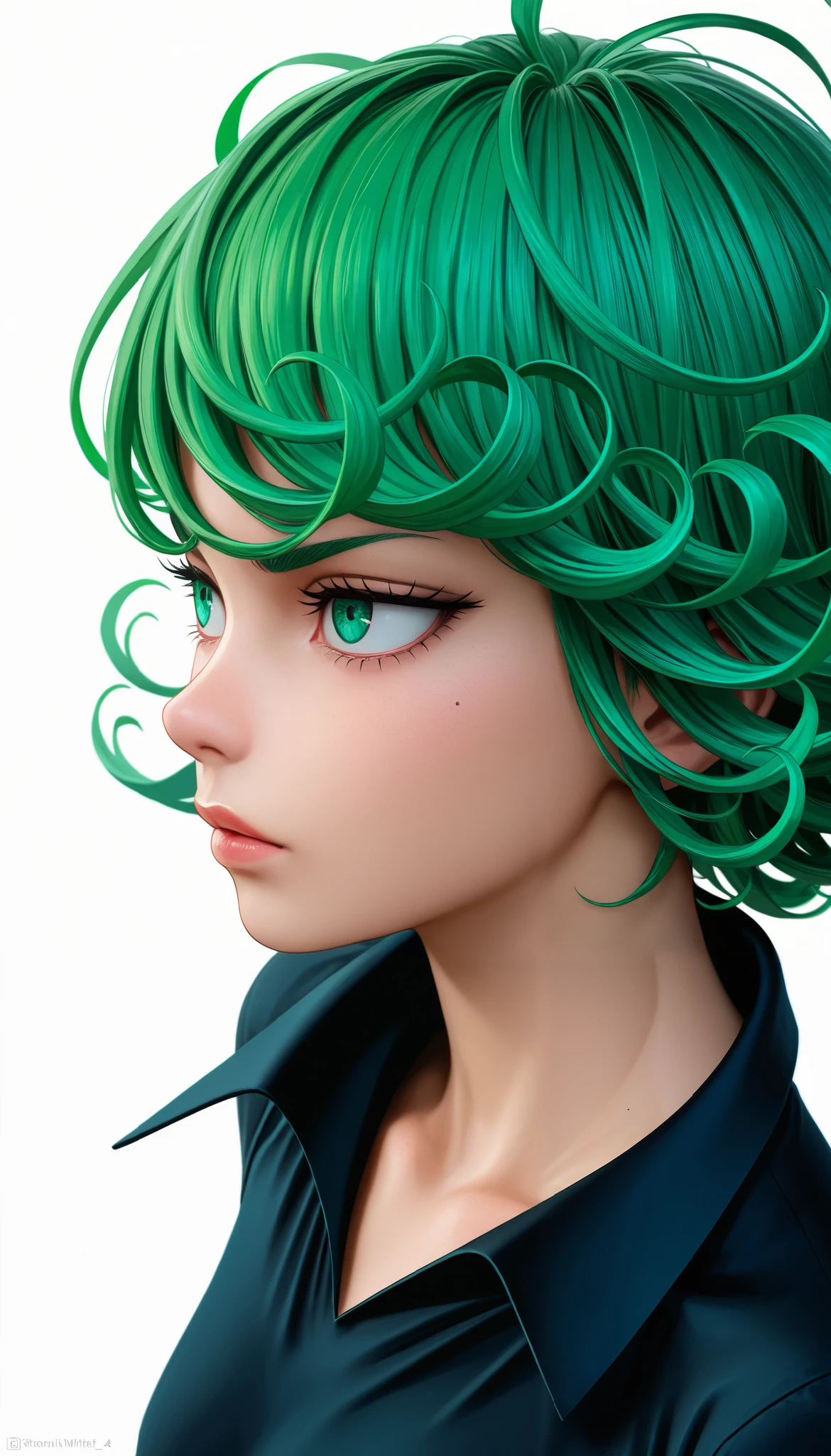 (photography , best quality), best score, best anatomy, ultra deitailed, amazing quality, very aesthetic, anime_realistic:1.4 absurdres, highres, 2024, newest, HDR, 8K, high detail RAW color art, high contrast,, eyelashes, textured skin,, intimidating look, strong expression,, tatsumaki, short hair, curly hair, Green hair,
long sleeves, dress, forced perspective, ((minimalist white background)), side view,